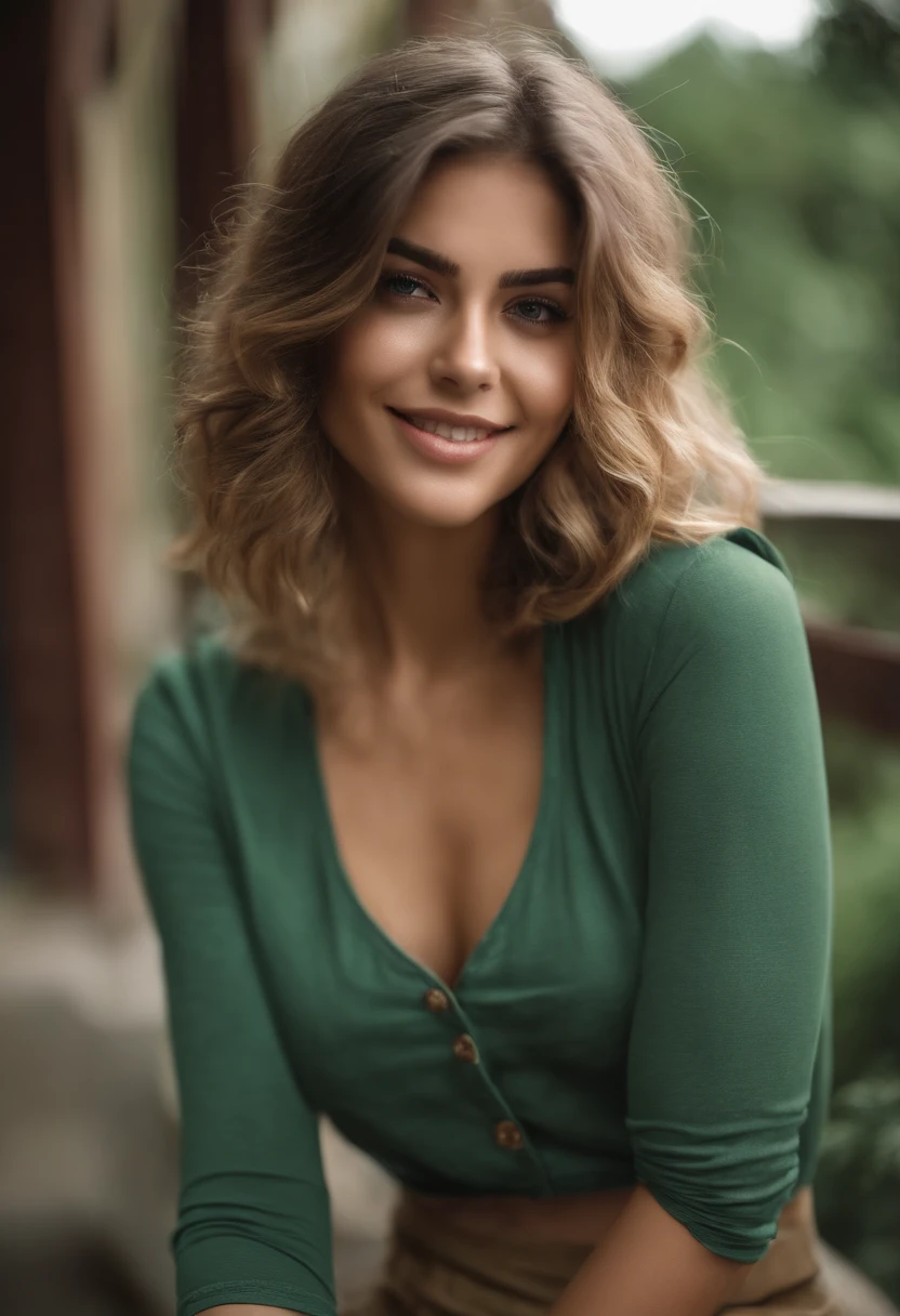 master part, best quality, 1girl, sozinho, 23 anos, adulto, Cabelos marejados e verdes, messy hair, asymmetrical hair, Ahoge, cabelos muito curtos, aqua eyes, medium breasts, Tonificado, 167 centimeters, pale skin, glasses, sorriso, camisa verde oliva, jeans, Espreita Midriff,