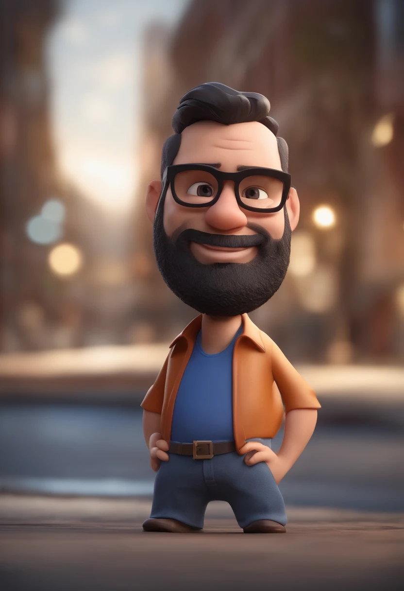 Personagem de desenho animado de um homem dj, gordinho, Bald man with beard with black prescription glasses and a blue shirt, animation character, Caractere estilizado, animation style rendering, 3D estilizado, Arnold Maya render, 3 d render stylized, toon render keyshot, Personagem 3D, Personagem 3D, 3d rendering stylized, 3 d character render, personagem de desenho animado, Personagem de close up, Pose de personagem,  (Estilo Pixar) (master part:1.2) (Bokeh) (best quality) (pele detalhada) (textura detalhada) (8k) (argila) (Cinematic lighting) (foco nítido