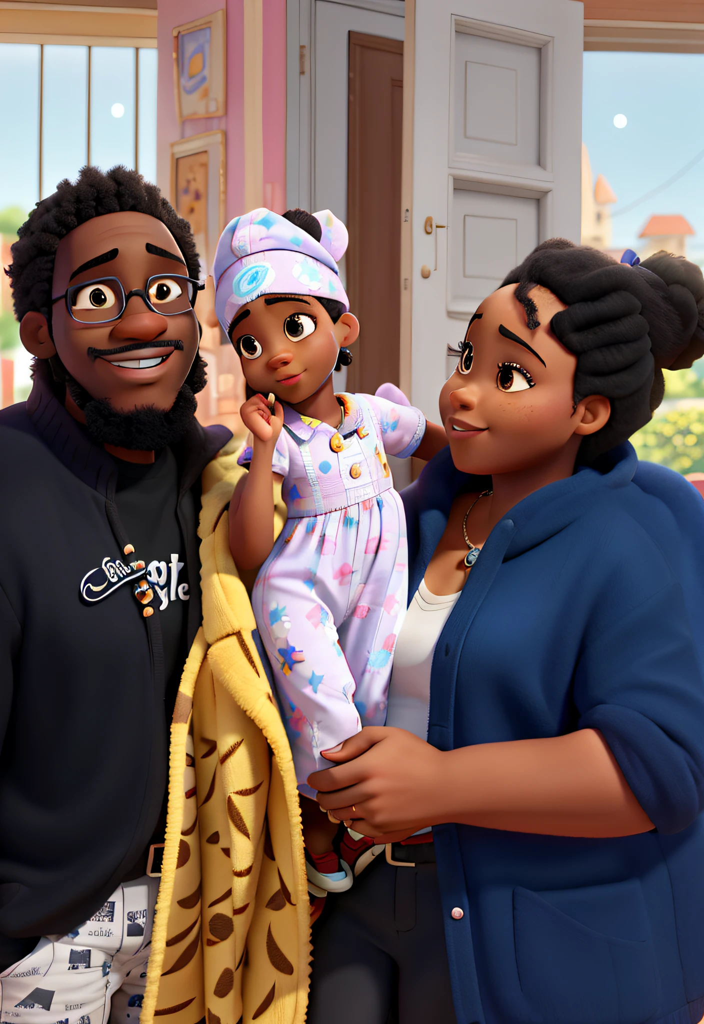 Black Parents and a Black Child Disney Pixar Style, alta qualidade, melhor qualidade