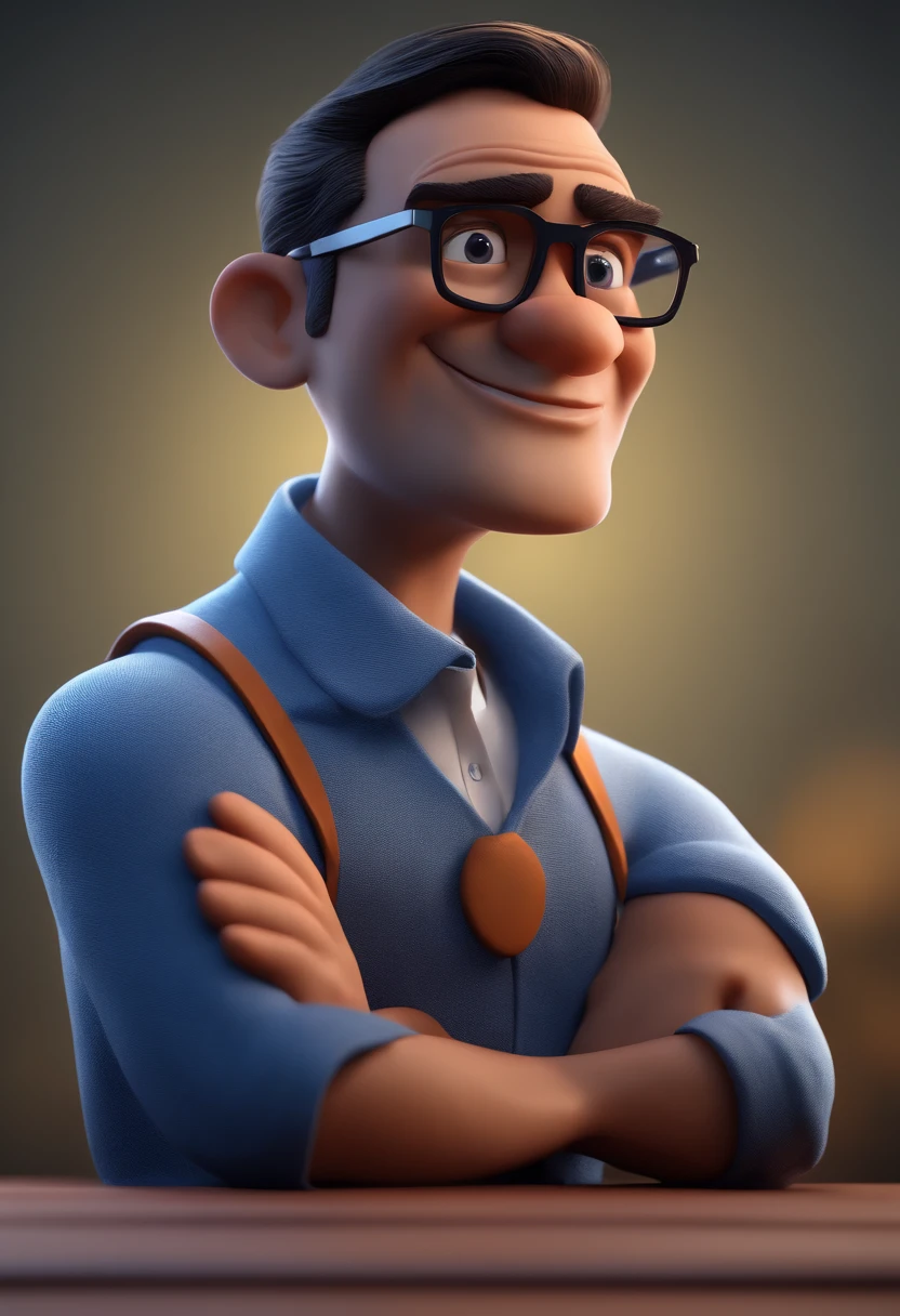 Cartoon character of a man with black glasses and a blue shirt, animation character, Caractere estilizado, animation style rendering, 3D estilizado, Arnold Maya render, 3 d render stylized, toon render keyshot, Personagem 3D, Personagem 3D, 3d rendering stylized, 3 d character render, personagem de desenho animado, Personagem de close up, Pose de personagem,  (Estilo Pixar) (master part:1.2) (Bokeh) (best quality) (pele detalhada) (textura detalhada) (8k) (argila) (Cinematic lighting) (foco nítido