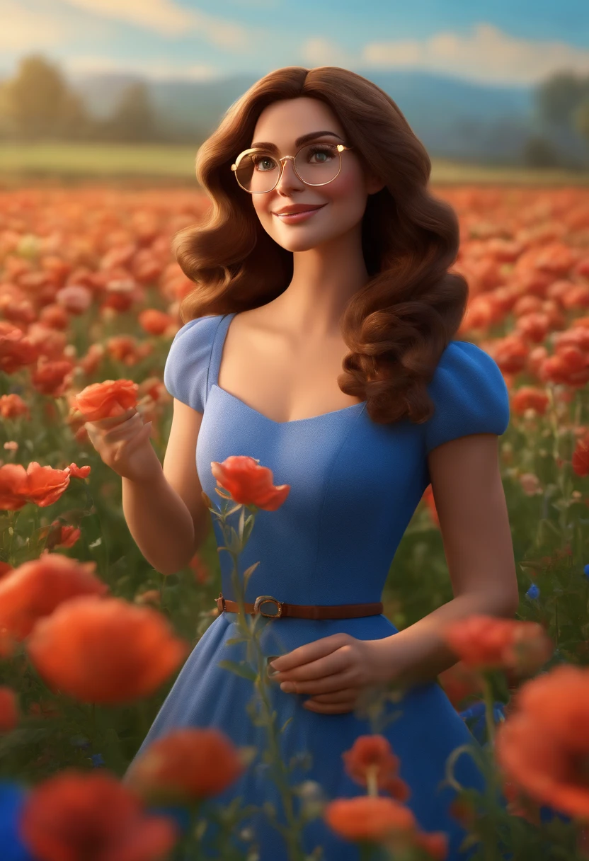 Pixar style image with 3D character gold glasses brunette woman medium wavy brown hair, wearing a blue dress, in a field of flowers, Maquiagem Disney,fofo, adolable, sorridente ,Close-up, Pixar, Disney, Cinema lighting,