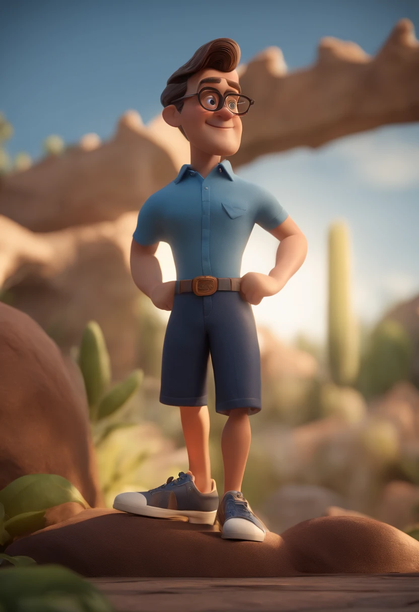 Cartoon character of a man with black glasses and a blue shirt, animation character, Caractere estilizado, animation style rendering, 3D estilizado, Arnold Maya render, 3 d render stylized, toon render keyshot, Personagem 3D, Personagem 3D, 3d rendering stylized, 3 d character render, personagem de desenho animado, Personagem de close up, Pose de personagem, (Estilo Pixar) (master part:1.2) (Bokeh) (best quality) (pele detalhada) (textura detalhada) (8k) (argila) (Cinematic lighting) (foco nítido