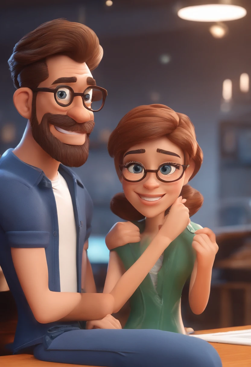 Cartoon character of a man with navy blue glasses and a blue shirt, rosto com barba castanho escuro,  pelo clara, cabelo castanho escuro curto sem pentear, sorriso expressivo, olhos castanhos, Wearing a suit and arms crossed, animation character, Caractere estilizado, animation style rendering, 3D estilizado, Arnold Maya render, 3 d render stylized, toon render keyshot, Personagem 3D, Personagem 3D, 3d rendering stylized, 3 d character render, personagem de desenho animado, Personagem de close up, Pose de personagem,  (Estilo Pixar) (master part:1.2) (Bokeh) (best quality) (pele detalhada) (textura detalhada) (8k) (argila) (Cinematic lighting) (foco nítido)