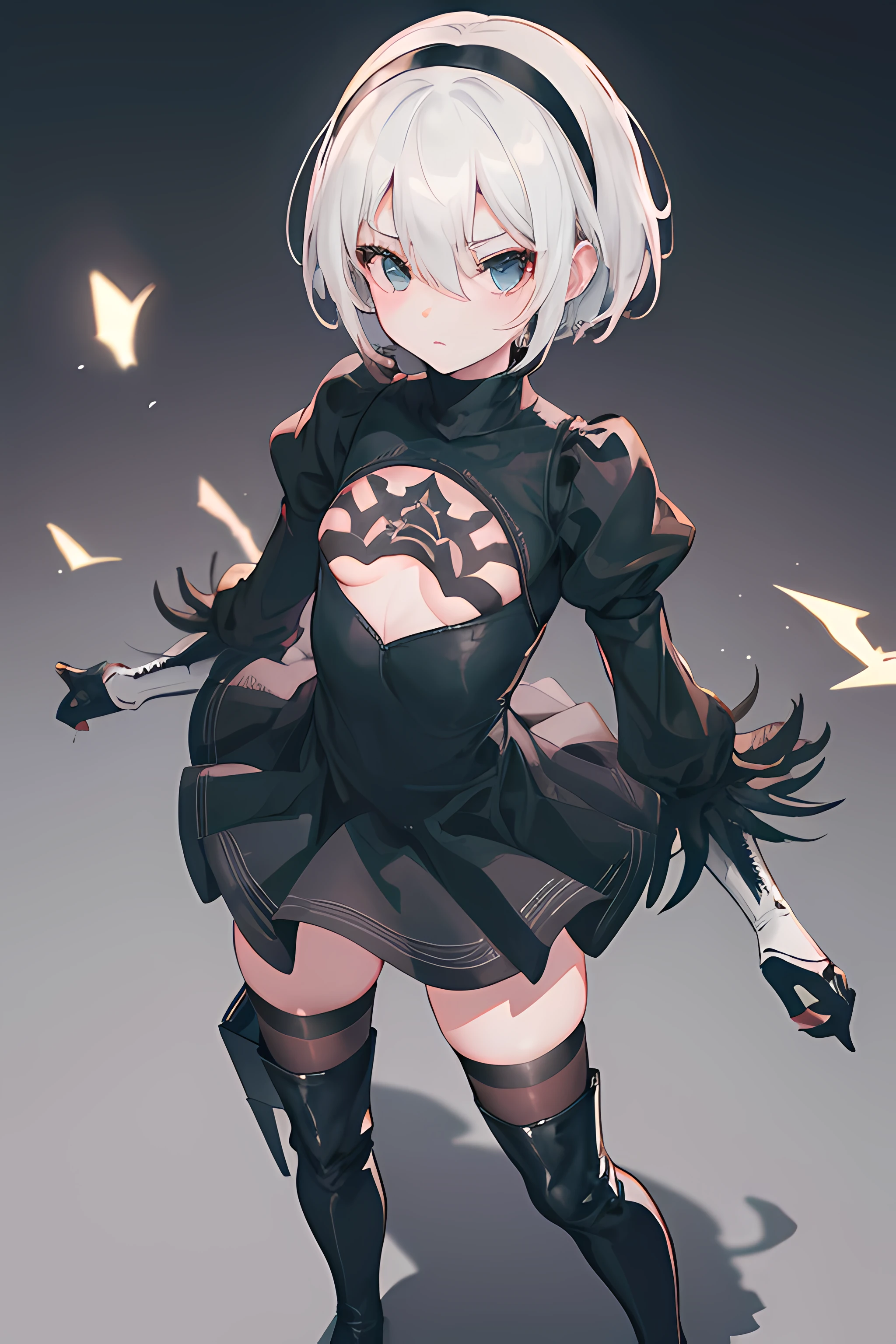 1girl, cute, ((, flat chested, cute, loli, petite)), solo, yorha no. 2 type b, black blindfolds, blindfolds, skirt, black skirt, thighhighs, boots, thigh boots, standing, cowboty shot, looking at viewer, hair between eyes, hairband, highres, juliet sleeves, long sleeves,black boots, thighshigh boots, heel boots, mole, mole under mouth, nier (series), nier automata, oni gini, puffy sleeves, red lips, shaded face, short hair, solo, turtleneck, white hair, bird eye view