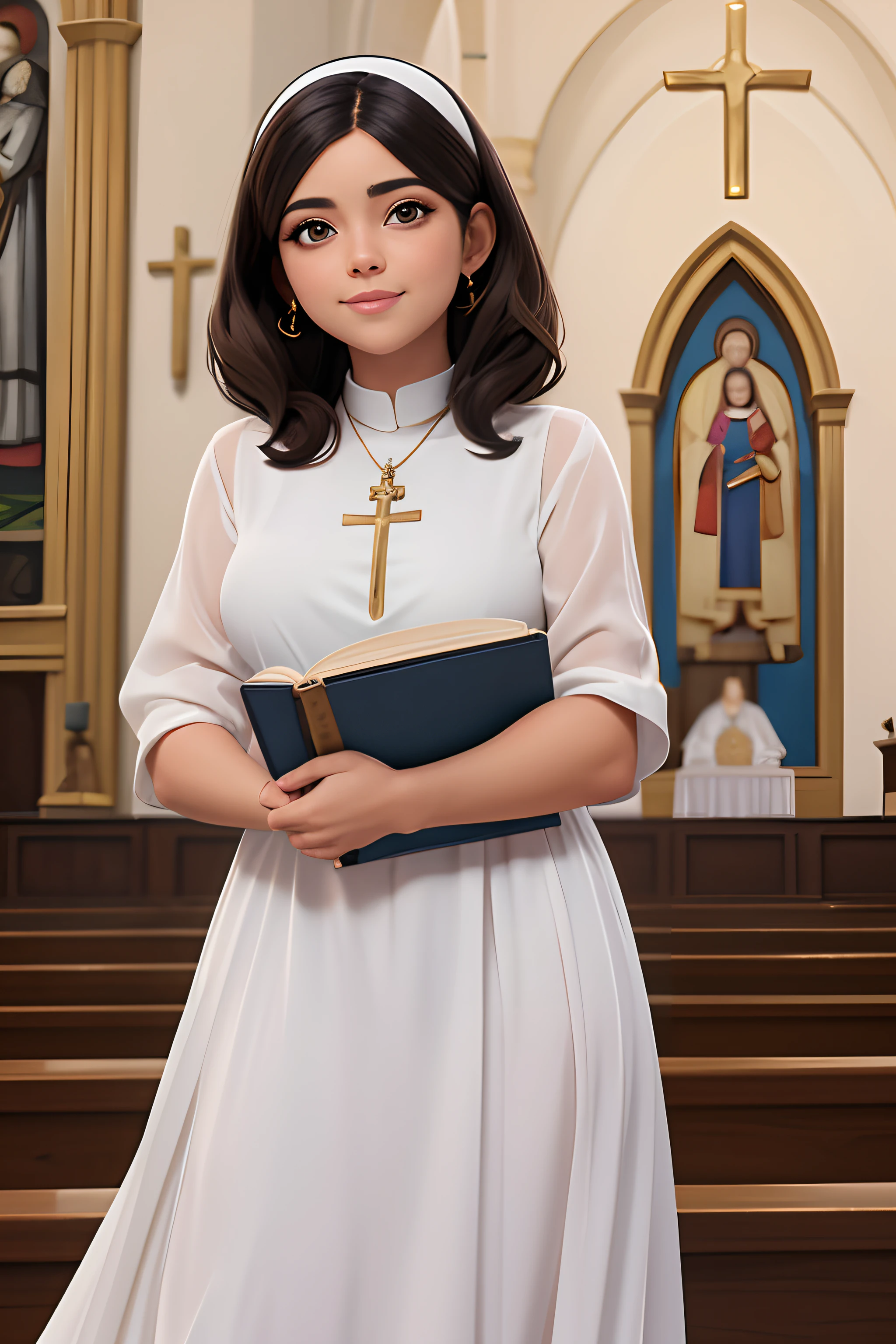 menina com pele clara, cabelo liso longo escuro, olhos castanhos, sorrir, Catholic Church Background, She is wearing a long dress and holding a Bible and the image of Our Lady