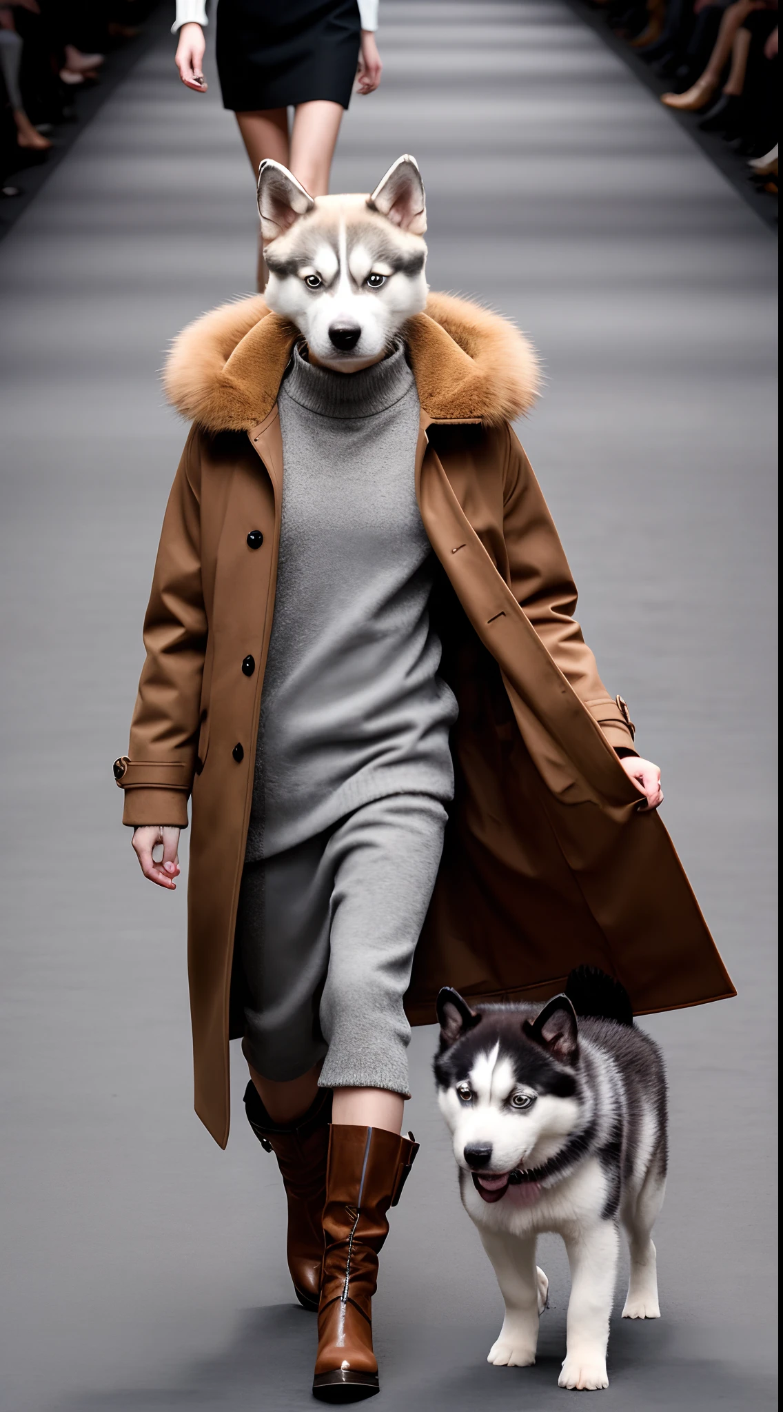 (Photograph of a little girl in a brown coat holding a husky dog on the runway), (full bodyesbian:1.37) , (Wearing a brown jacket), fur attire, fluffly,Wearing a pink dress,(Huskies wear the same brown coat as girls:1.37),gucci catwalk, catwalks, walking down the catwalk, highly fashionable,!!! Husky puppy! 2 0 2 0 fashion, gucci clothes, catwalk photo, Furry style