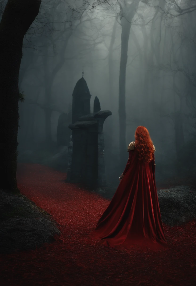 red hair, armadura roxa, guerreiros portadores de luz, cidade medieval, Escuro, batalha, epics, Foi, Surrealismo, 8k, Super Detalhe, Foi, Battle against demons, darkeness, horror, chuva
