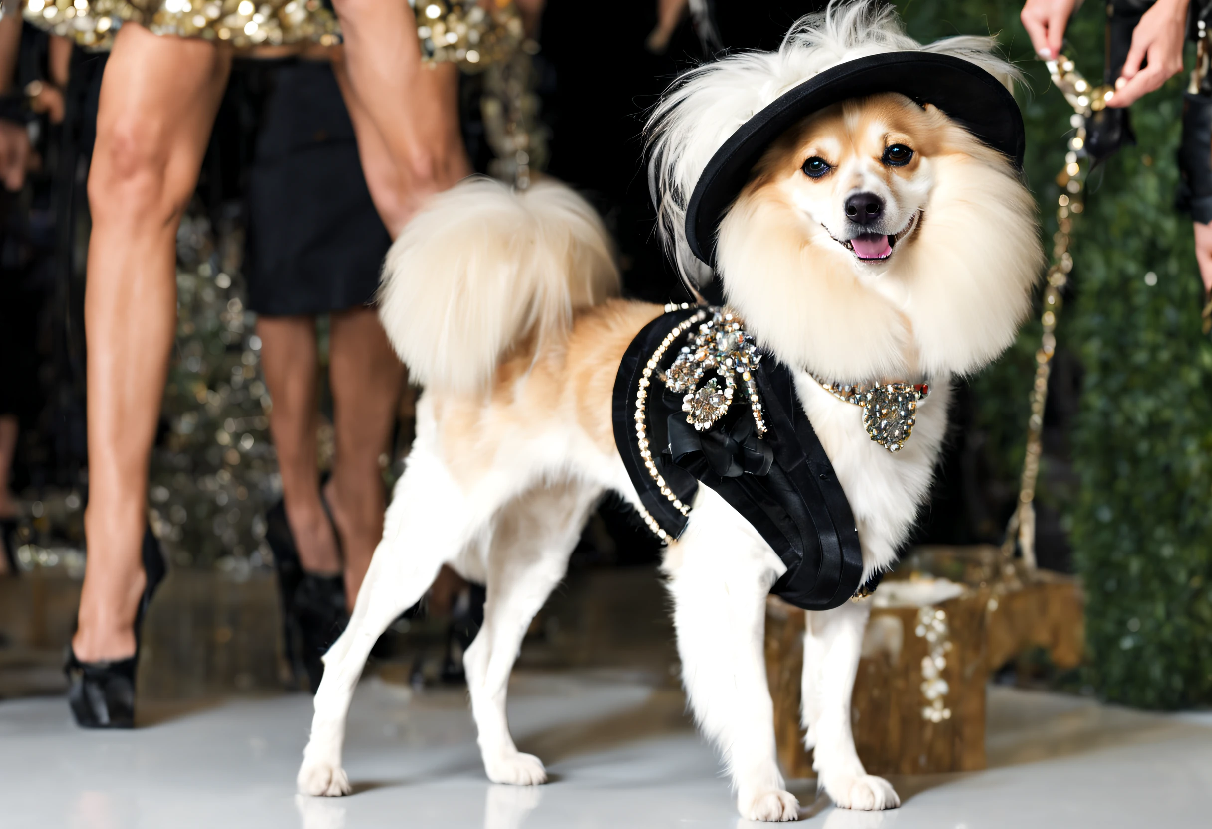 A dog fashion show,(best quality,4k,8k,highres,masterpiece:1.2),ultra-detailed,(realistic,photorealistic,photo-realistic:1.37),glamorous,dressed-up dogs,vibrant colors,runway,couture outfits,stylish accessories,catwalk,celebrity judges,posh and elegant breeds,trendy fashionistas,doggy divas,fierce competition,fabulous attires,sparkling collars and leashes,dog models strutting,extravagant headpieces,dapper bowties,fancy tutus,designer gowns,dashing tuxedos,high fashion,pet fashionistas,supportive audience,enthusiastic applause,fashion-forward canines,stylish pawdicures,professional photographers,camera flashes,the latest trends,doggy influencers,red carpet glamour,canine elegance,pawsome makeovers.