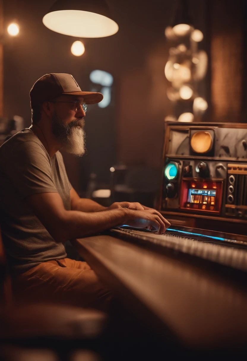 um homem, em breve, barba curta, olhos castanhos, com fones de ouvido, A music studio in the background, Imagem no estilo Pixar, Estilo de filme animado 3D, Disney, camiseta preta