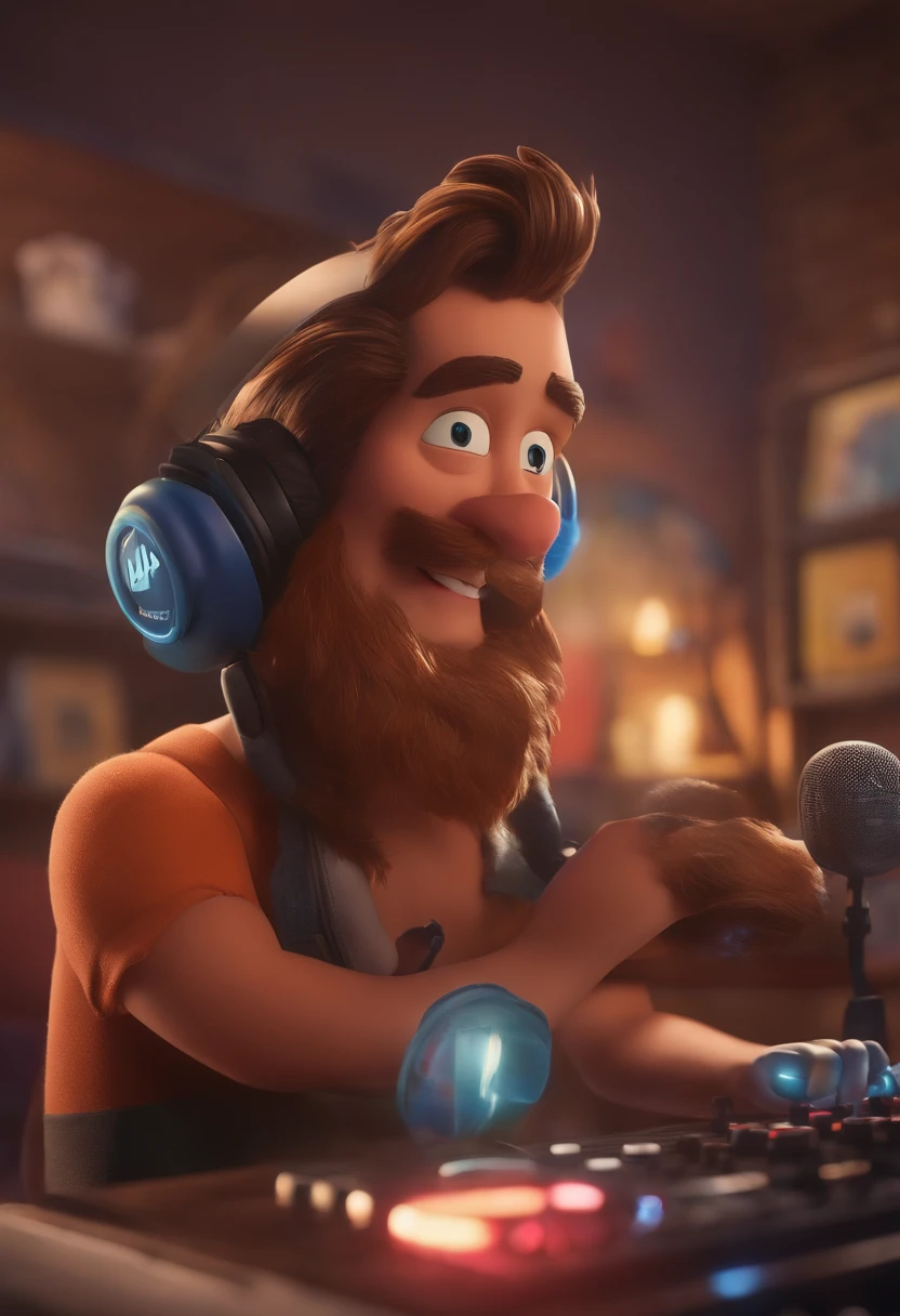 um homem, em breve, barba curta, olhos castanhos, com fones de ouvido, A music studio in the background, Imagem no estilo Pixar, Estilo de filme animado 3D, Disney, camiseta preta