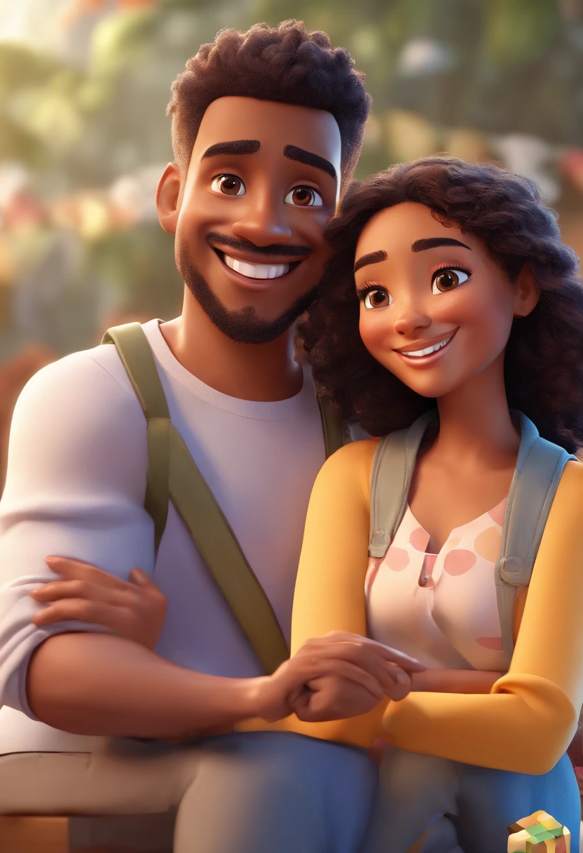 An illustration of an adorable couple, Highlight for a chubby mulatto man with smiling glasses and a brunette woman with beautiful expressive eyes - the man's skin is mulatto and the man's hair has, while the woman's skin is black and the woman's hair is straight and brown. They are a bright room, cada um com um sorriso no rosto, e compartilhar um momento especial caracterizado pelo amor, Insights. Illustrate this scene from a perspective where they are facing the camera, Smiling and Showing Your Connection. Desenvolva esta arte em Full HD, Focus on your cinematic touch, Estilo Disney Pixar Animations