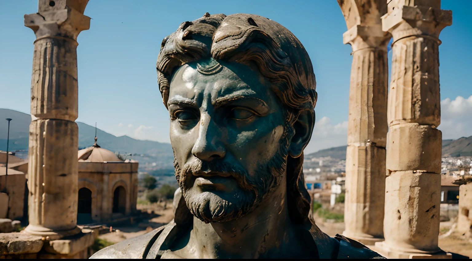 Ancient Stoic Statue With Very Angry Expression, tem barba, muitos detalhes em ambos os olhos, Outside, fundo atenas grego, open sky, com rosto extremamente detalhado full body view, Colors with low saturation with dark tone, Filmado em Sony A7S III com Sony FE 35mm f/1.8, 12.1 MP, --AR 3:2 --estilo cru