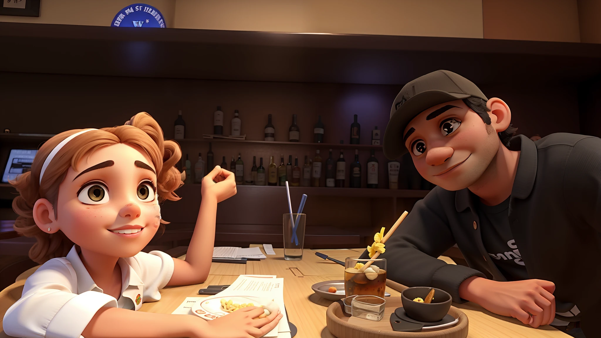 Pai e filha em um bar