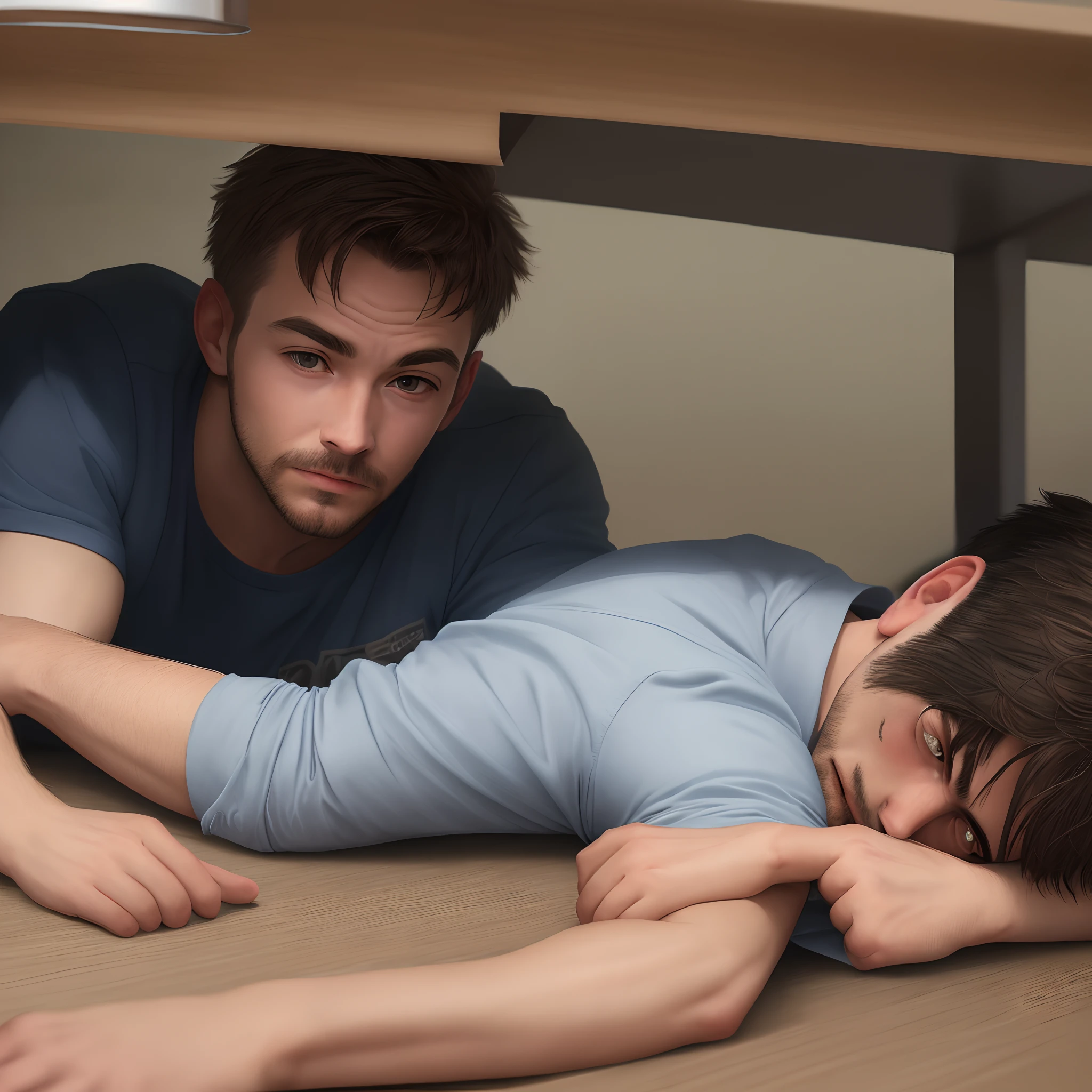 There was a man lying under the table boss looking for something