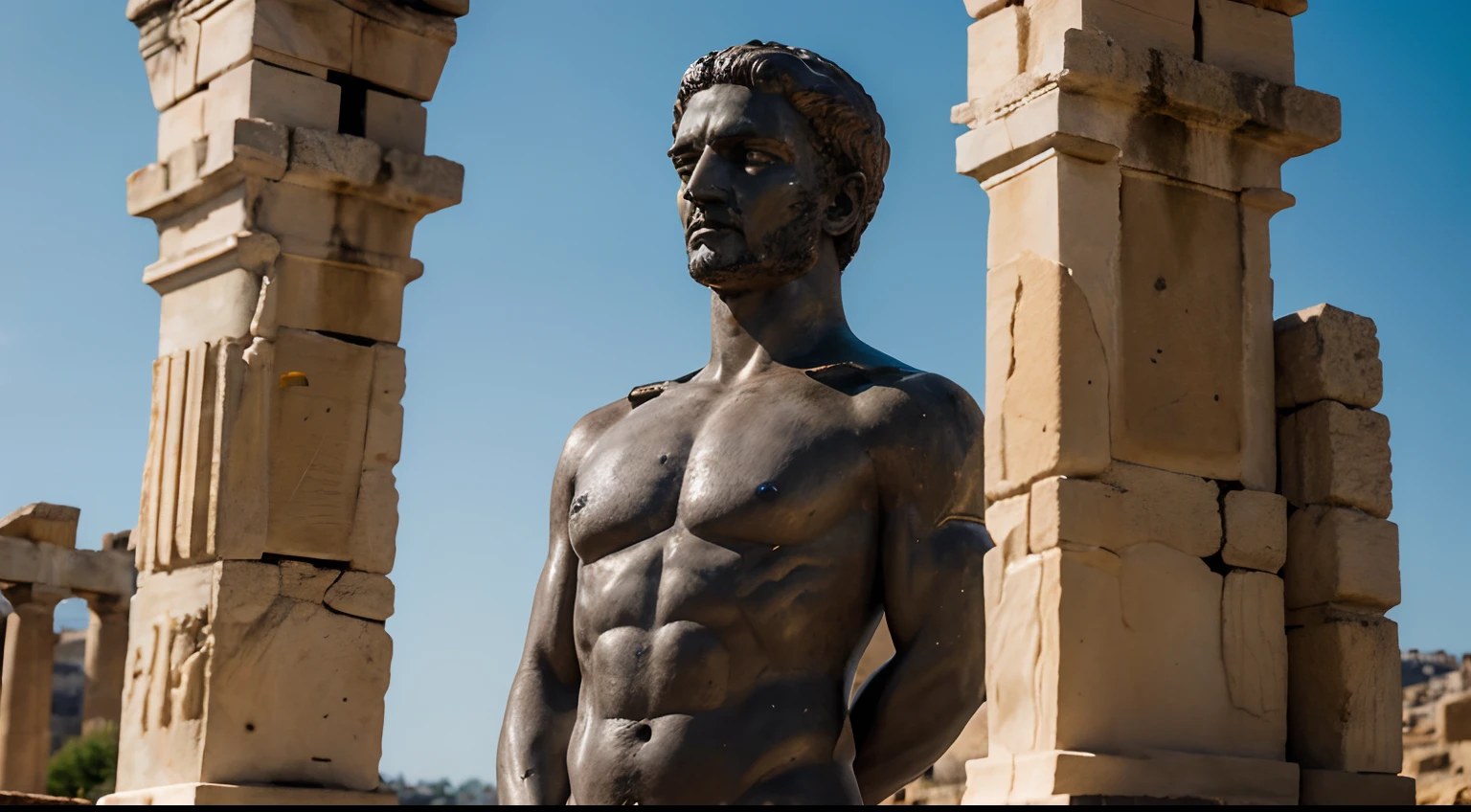 Ancient Stoic Statue With Very Angry Expression, tem barba, muitos detalhes em ambos os olhos, Outside, fundo atenas grego, open sky, com rosto extremamente detalhado full body view, Colors with low saturation with dark tone, Filmado em Sony A7S III com Sony FE 35mm f/1.8, 12.1 MP, --AR 3:2 --estilo cru