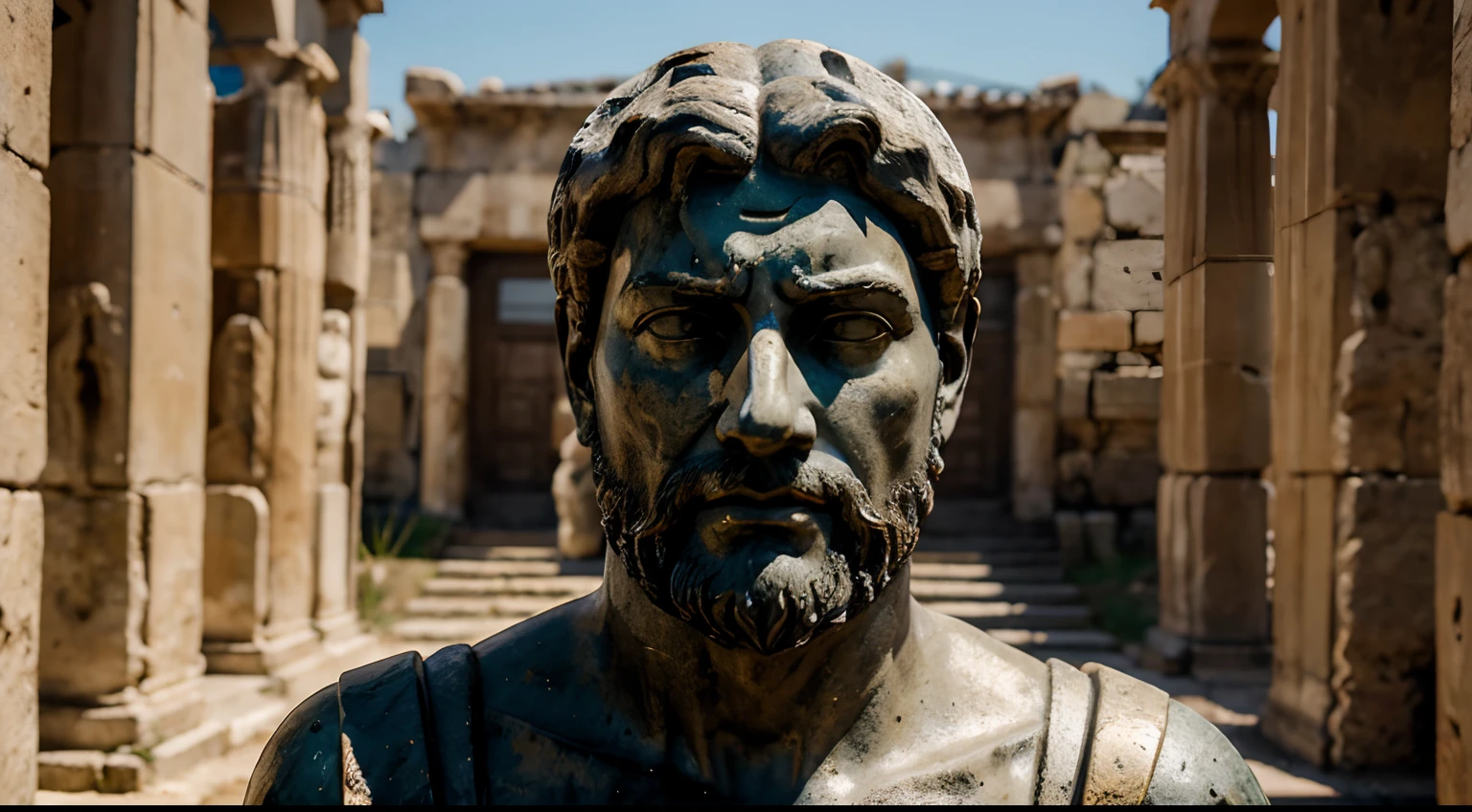Ancient Stoic Statue With Very Angry Expression, tem barba, muitos detalhes em ambos os olhos, Outside, fundo atenas grego, open sky, com rosto extremamente detalhado full body view, Colors with low saturation with dark tone, Filmado em Sony A7S III com Sony FE 35mm f/1.8, 12.1 MP, --AR 3:2 --estilo cru