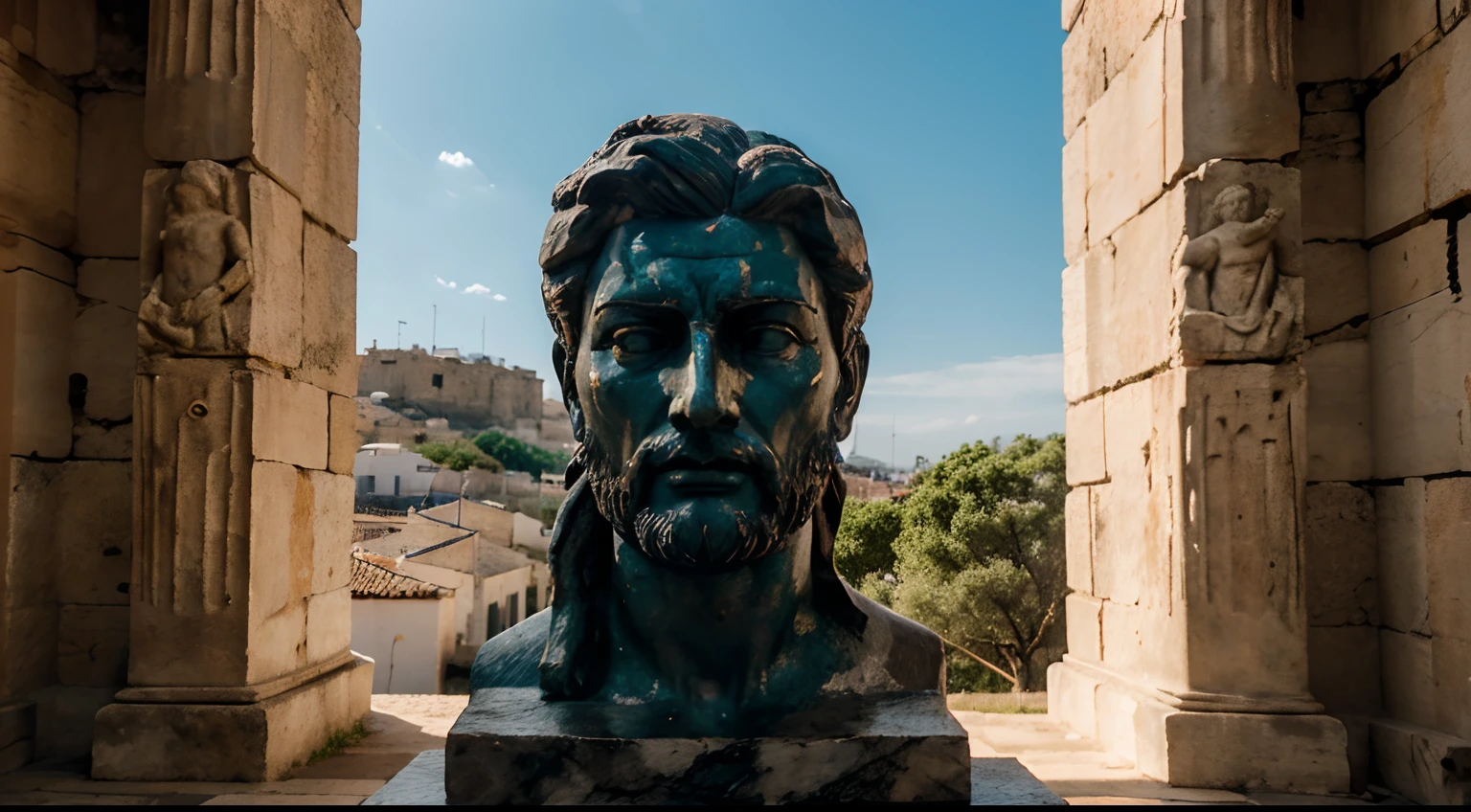 Ancient Stoic Statue With Very Angry Expression, tem barba, muitos detalhes em ambos os olhos, Outside, fundo atenas grego, open sky, com rosto extremamente detalhado full body view, Colors with low saturation with dark tone, Filmado em Sony A7S III com Sony FE 35mm f/1.8, 12.1 MP, --AR 3:2 --estilo cru