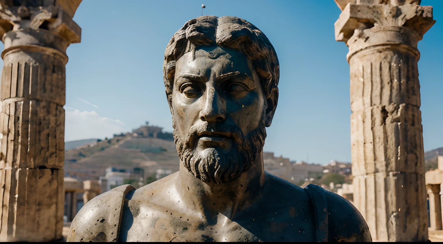 Ancient Stoic Statue With Very Angry Expression, tem barba, muitos detalhes em ambos os olhos, Outside, fundo atenas grego, open sky, com rosto extremamente detalhado full body view, Colors with low saturation with dark tone, Filmado em Sony A7S III com Sony FE 35mm f/1.8, 12.1 MP, --AR 3:2 --estilo cru