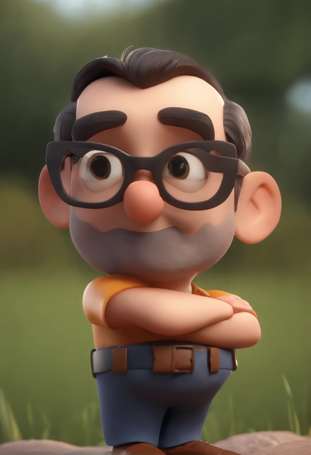 Cartoon character of a man wearing black glasses and a blue shirt, um personagem animado, Caractere estilizado, animation style rendering, 3D estilizado, Arnold Maya render, 3 d render stylized, toon render keyshot, Personagem 3D, Personagem 3D, 3d rendering stylized, 3 d character render, personagem de desenho animado, Personagem de close up, Pose de personagem, (Estilo Pixar) (master part:1.2) (Bokeh) (best quality) (pele detalhada) (textura detalhada) (8k) (argila) (Cinematic lighting) (foco nítido,Senta e vaza a parte superior do corpo