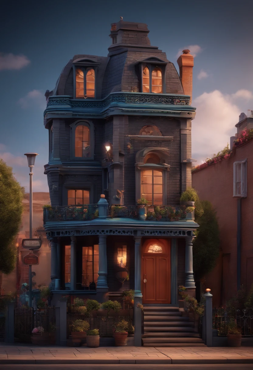 Desenho em estilo 3D da Pixar uma barbearia chamada confra house com fachada preta e letra branca
