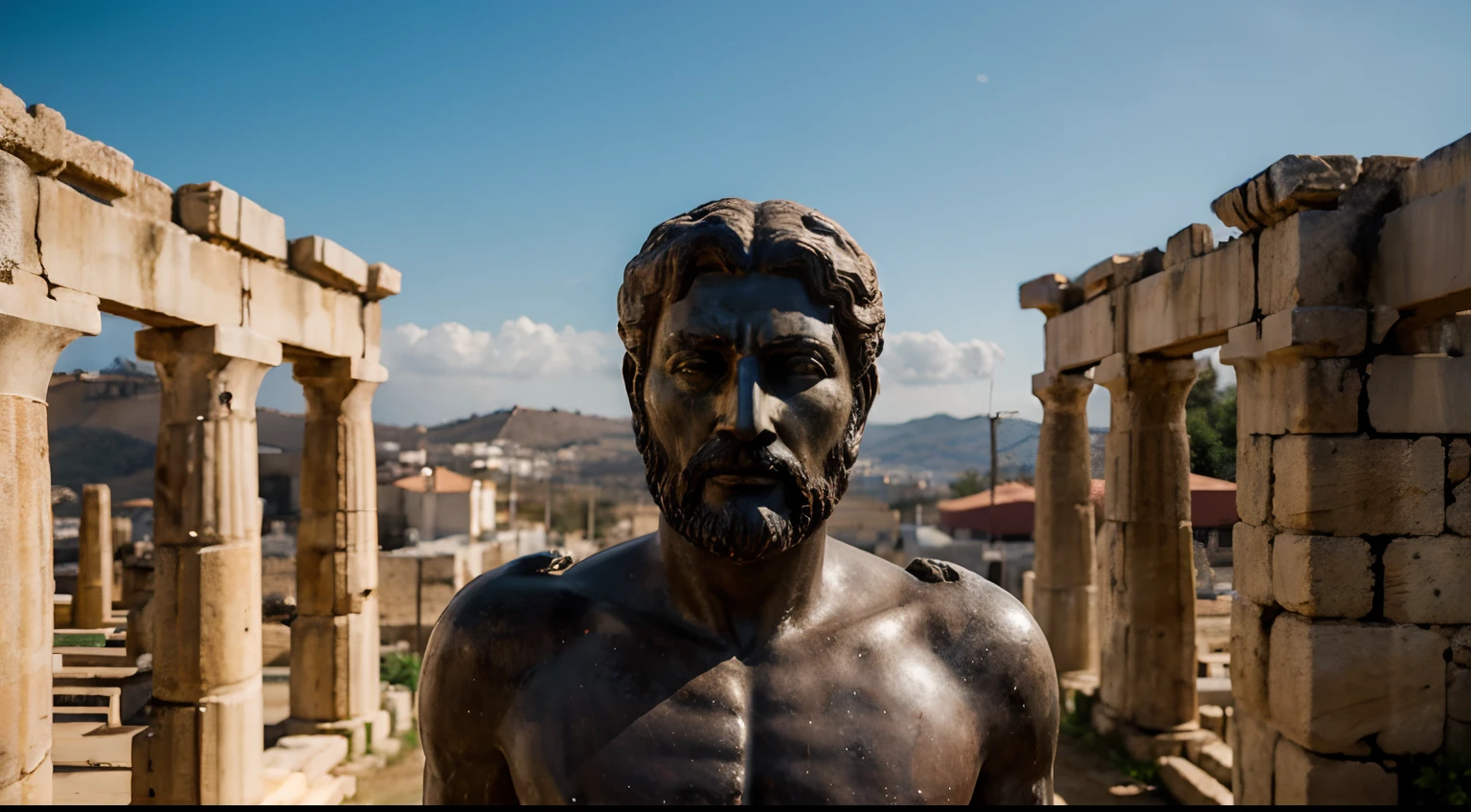 Ancient Stoic Statue With Very Angry Expression, tem barba, muitos detalhes em ambos os olhos, Outside, fundo atenas grego, open sky, com rosto extremamente detalhado full body view, Colors with low saturation with dark tone, Filmado em Sony A7S III com Sony FE 35mm f/1.8, 12.1 MP, --AR 3:2 --estilo cru