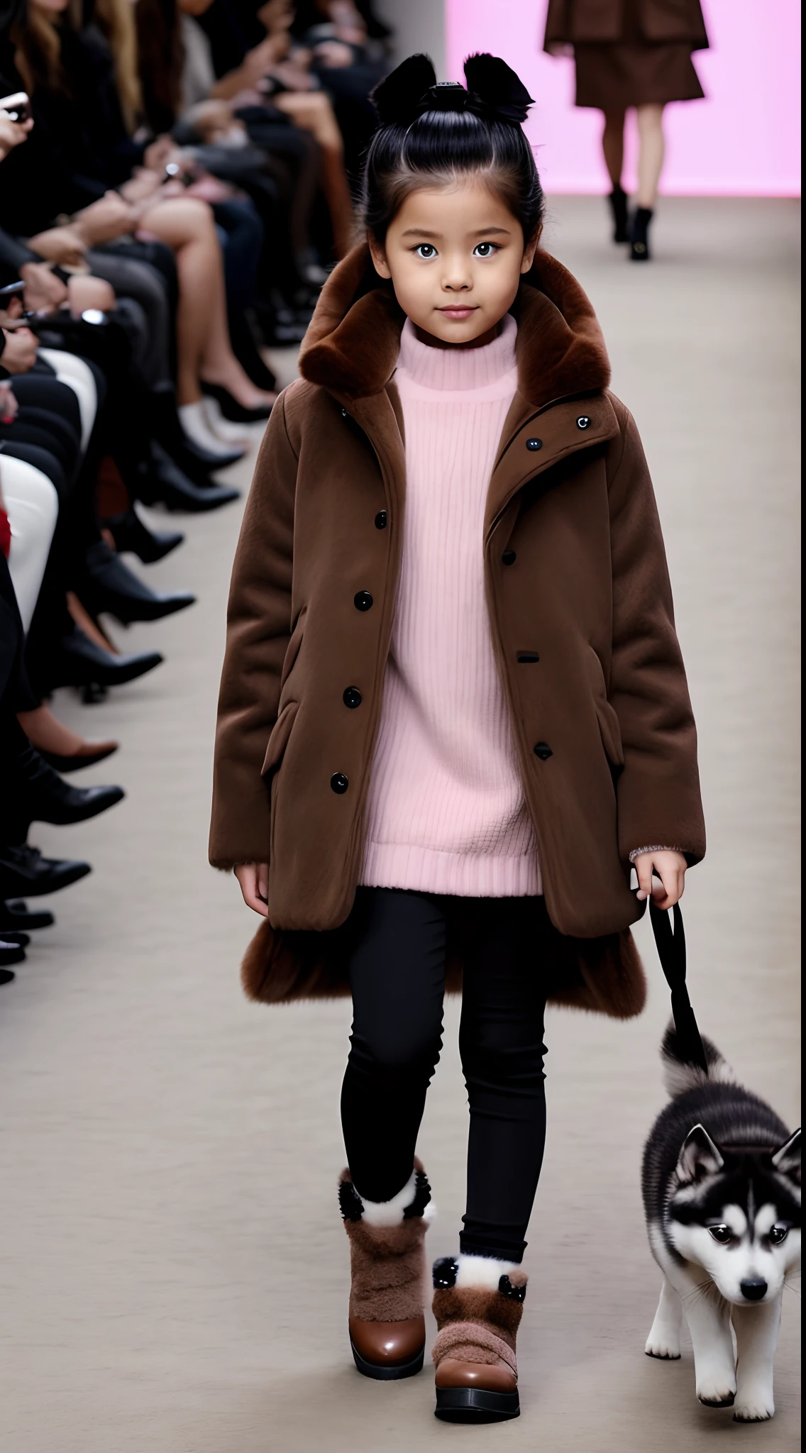 （Photograph of a *********** in a brown coat holding a husky dog on the runway）, （full bodyesbian：1.37） ， （Wearing a brown jacket）， fur attire, fluffly，Wearing a pink dress，（Huskies wear the same brown coat as girls：1.37），gucci catwalk, catwalks, walking down the catwalk, highly fashionable,!!! Husky puppy! 2 0 2 0 fashion, gucci clothes, catwalk photo, Furry style