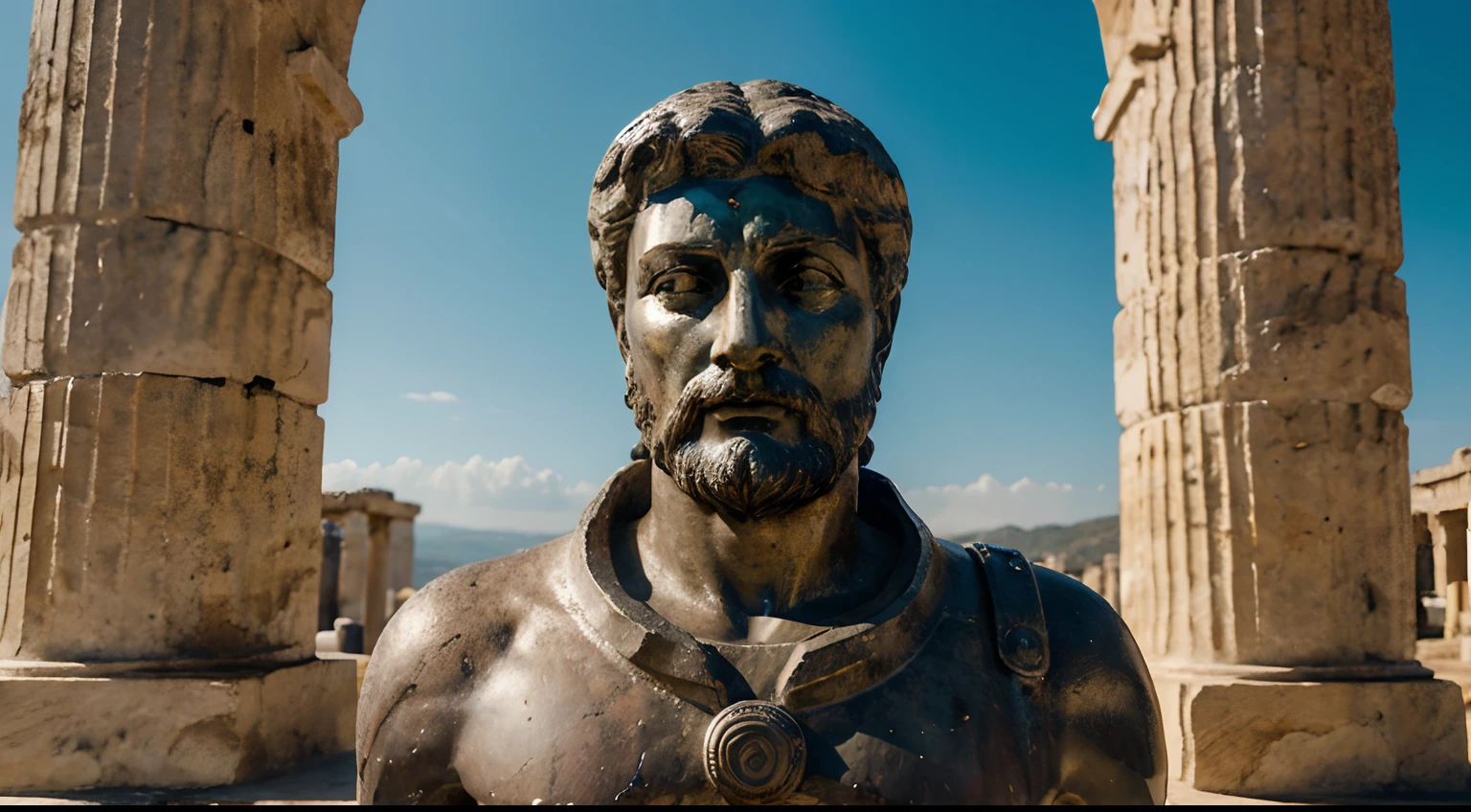 Ancient Stoic Statue With Very Angry Expression, tem barba, muitos detalhes em ambos os olhos, Outside, fundo atenas grego, open sky, com rosto extremamente detalhado full body view, Colors with low saturation with dark tone, Filmado em Sony A7S III com Sony FE 35mm f/1.8, 12.1 MP, --AR 3:2 --estilo cru