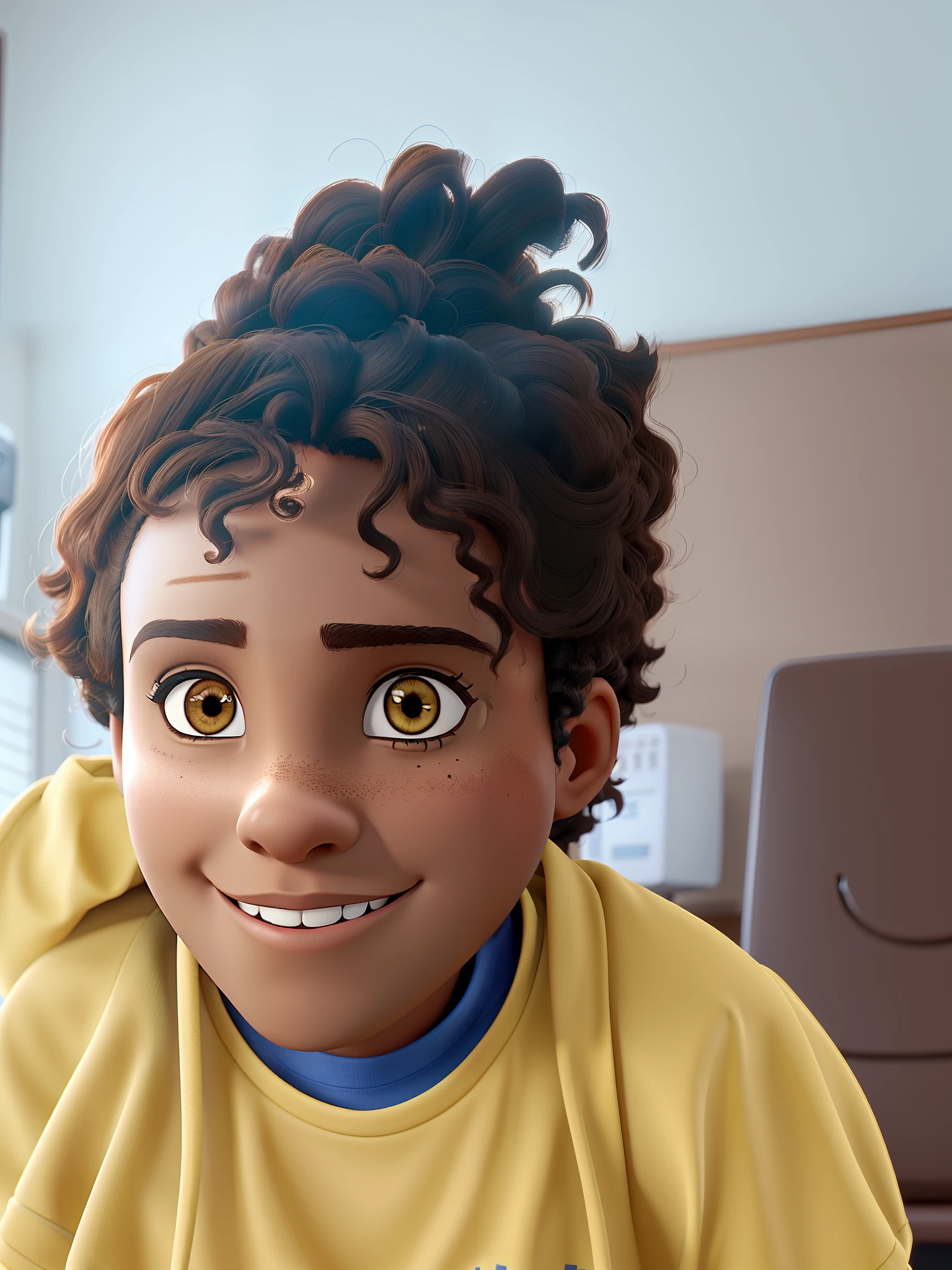 A teenage brown-skinned girl with dark curly hair, slim figure, working as a nurse in a doctor's office, in the style of Disney Pixar animation, high-quality, best quality.
