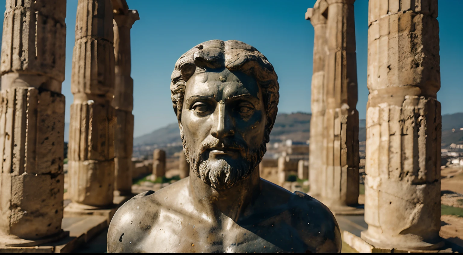 Ancient Stoic Statue With Very Angry Expression, tem barba, muitos detalhes em ambos os olhos, Outside, fundo atenas grego, open sky, com rosto extremamente detalhado full body view, Colors with low saturation with dark tone, Filmado em Sony A7S III com Sony FE 35mm f/1.8, 12.1 MP, --AR 3:2 --estilo cru