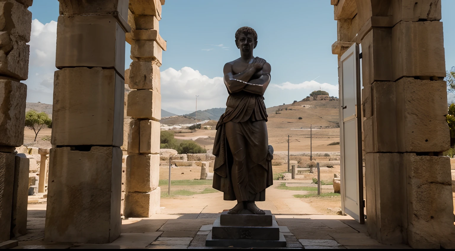 Ancient Stoic Statue With Very Angry Expression, tem barba, muitos detalhes em ambos os olhos, Outside, fundo atenas grego, open sky, com rosto extremamente detalhado full body view, Colors with low saturation with dark tone, Filmado em Sony A7S III com Sony FE 35mm f/1.8, 12.1 MP, --AR 3:2 --estilo cru
