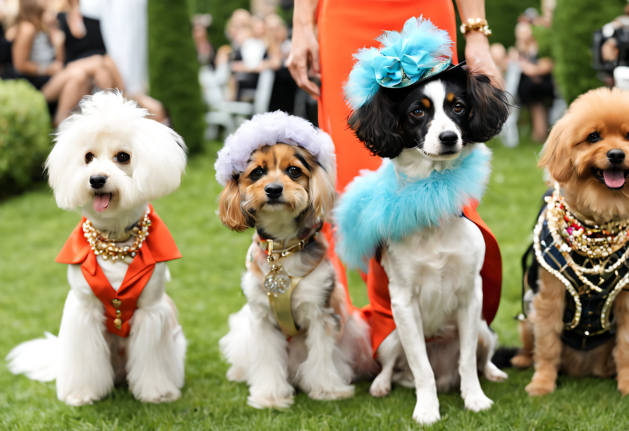 A dog fashion show,(best quality,4k,8k,highres,masterpiece:1.2),ultra-detailed,(realistic,photorealistic,photo-realistic:1.37),glamorous,dressed-up dogs,vibrant colors,runway,couture outfits,stylish accessories,catwalk,celebrity judges,posh and elegant breeds,trendy fashionistas,doggy divas,fierce competition,fabulous attires,sparkling collars and leashes,dog models strutting,extravagant headpieces,dapper bowties,fancy tutus,designer gowns,dashing tuxedos,high fashion,pet fashionistas,supportive audience,enthusiastic applause,fashion-forward canines,stylish pawdicures,professional photographers,camera flashes,the latest trends,doggy influencers,red carpet glamour,canine elegance,pawsome makeovers.