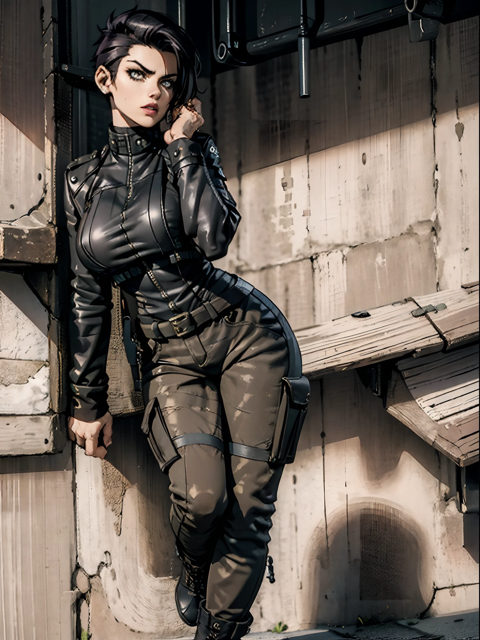 Upper body portrait, 8k resolution, Best quality, masterpiece, ultra high resolution, surrealism, a 25 years old female, perfect body, sharp lipstick, ((shaved punk hair style)), assassin, leather biker jacket with studs and patches, cargo military pants with boots, seductive looking, dark, perfect skin, holding a machine gun, evil look in her eyes, sharp nose, sharp lips, natural size large breasts, she standing in sexy tough pose, staring at camera with her sharp eyes, (realistic features and very long legs), she’s in the shadows, hips up