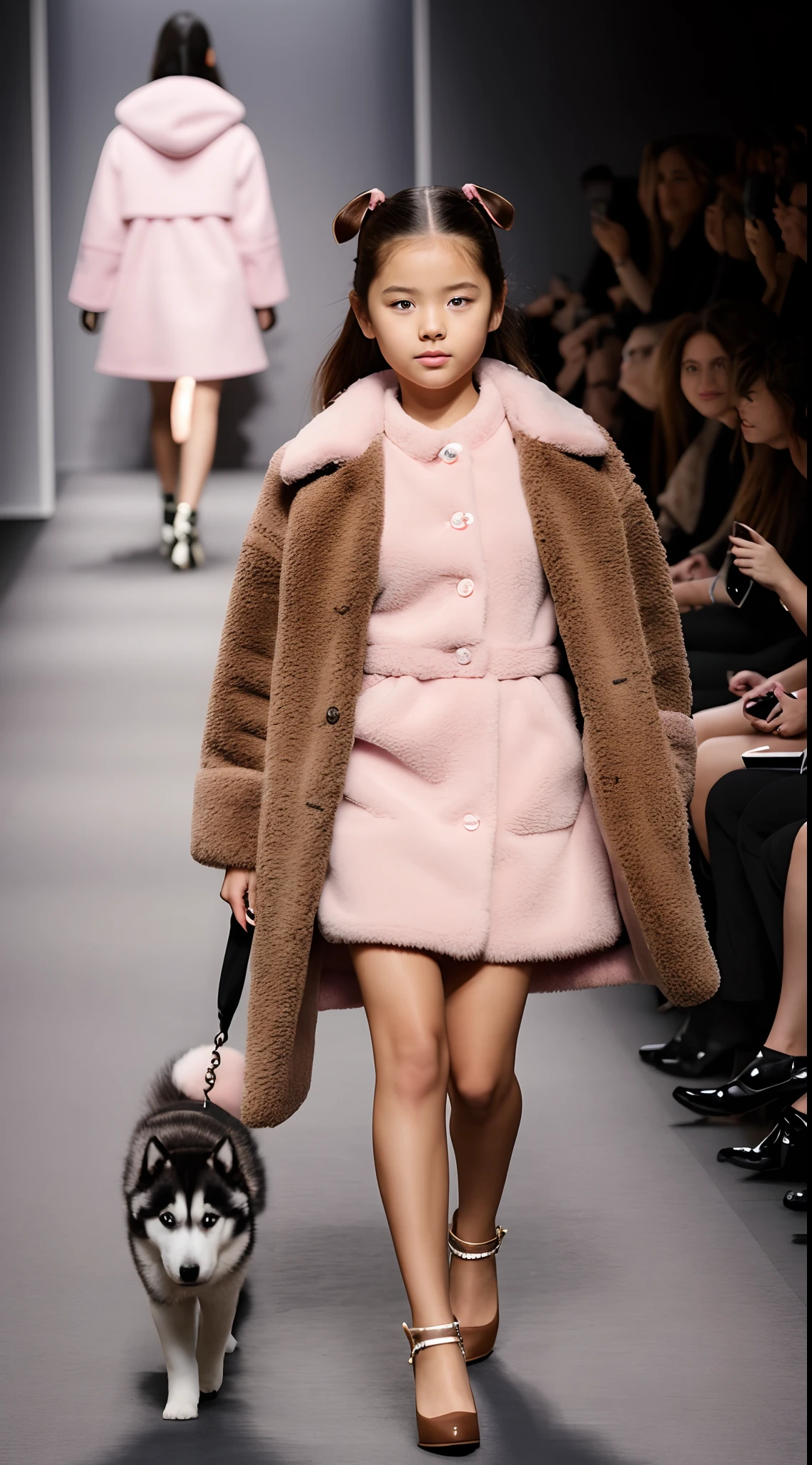 （Photograph of a  girl in a brown coat holding a husky dog on the runway）, （full bodyesbian：1.37） ， （Wearing a brown jacket），（Huskies wear the same brown coat as girls：1.37），Huskies are dressed in clothes，an anthropomorphic turtle， fur attire, fluffly，Wearing a pink dress，，gucci catwalk, catwalks, walking down the catwalk, highly fashionable,!!! Husky puppy! 2 0 2 0 fashion, gucci clothes, catwalk photo, Furry style