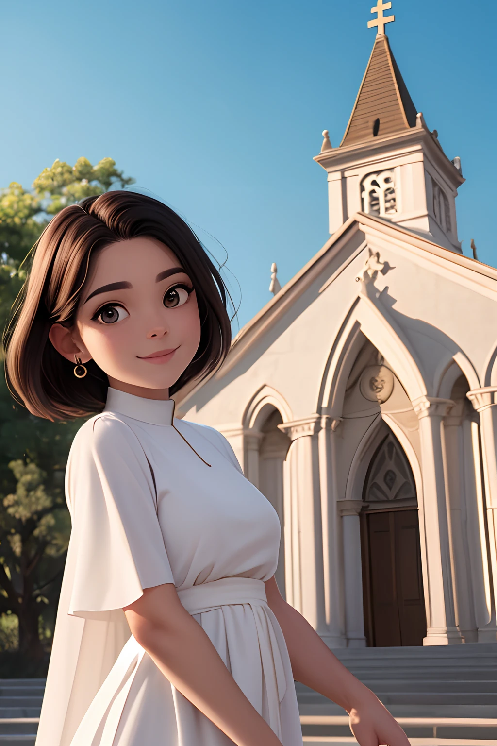 com pele clara, cabelo liso longo escuro, olhos castanhos, sorrir, Catholic Church Background, She's wearing a long dress