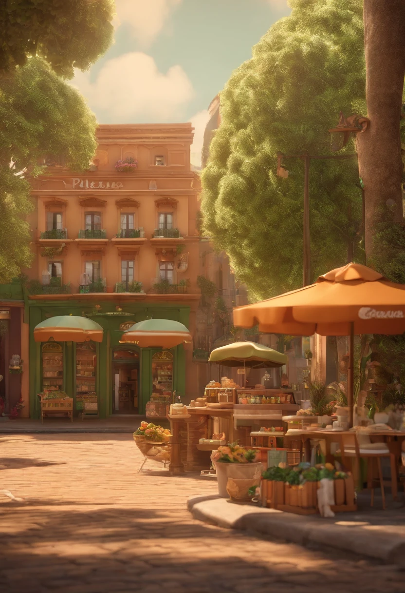 Desenho em estilo 3D da Pixar de uma sorveteria com o nome Las'Paletas Brasil, com cores verde, marrom e creme no centro da cidade.