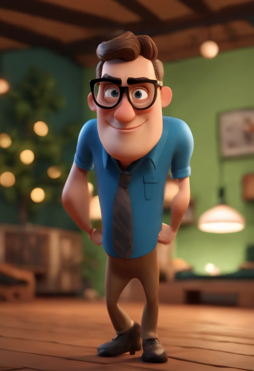 Cartoon character of a man wearing black glasses and a blue shirt, um personagem animado, Caractere estilizado, animation style rendering, 3D estilizado, Arnold Maya render, 3 d render stylized, toon render keyshot, Personagem 3D, Personagem 3D, 3d rendering stylized, 3 d character render, personagem de desenho animado, Personagem de close up, Pose de personagem, (Estilo Pixar) (master part:1.2) (Bokeh) (best quality) (pele detalhada) (textura detalhada) (8k) (argila) (Cinematic lighting) (foco nítido,Senta e vaza a parte superior do corpo