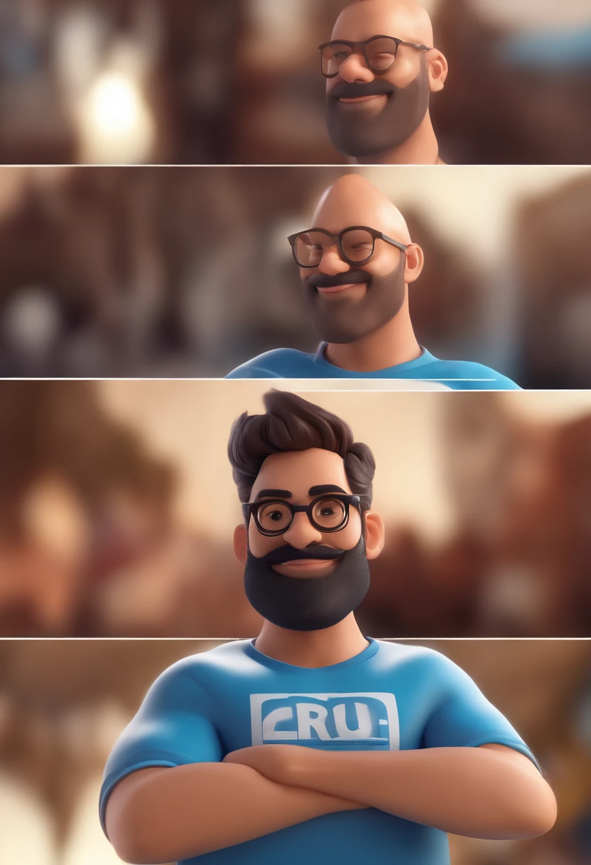 Personagem de desenho animado de um homem dj, gordinho, Bald man with beard with prescription glasses and a blue t-shirt, caixas de som, animation character, Caractere estilizado, animation style rendering, 3D estilizado, Arnold Maya render, 3 d render stylized, toon render keyshot, Personagem 3D, Personagem 3D, 3d rendering stylized, 3 d character render, personagem de desenho animado, Personagem de close up, Pose de personagem, (Estilo Pixar) (master part:1.2) (Bokeh) (melhor qualidade) (pele detalhada) (textura detalhada) (8k) (argila) (Cinematic lighting) (foco nítido