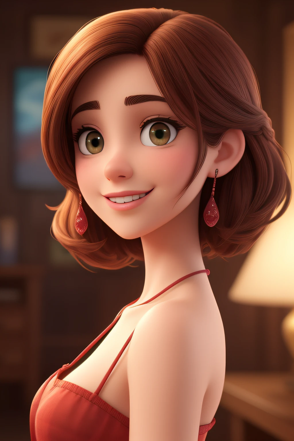 Uma mulher morena de 18 anos, com longos cabelos pretos, Rosto redondo, sorriso encantador, e olhos pretos disney pixar