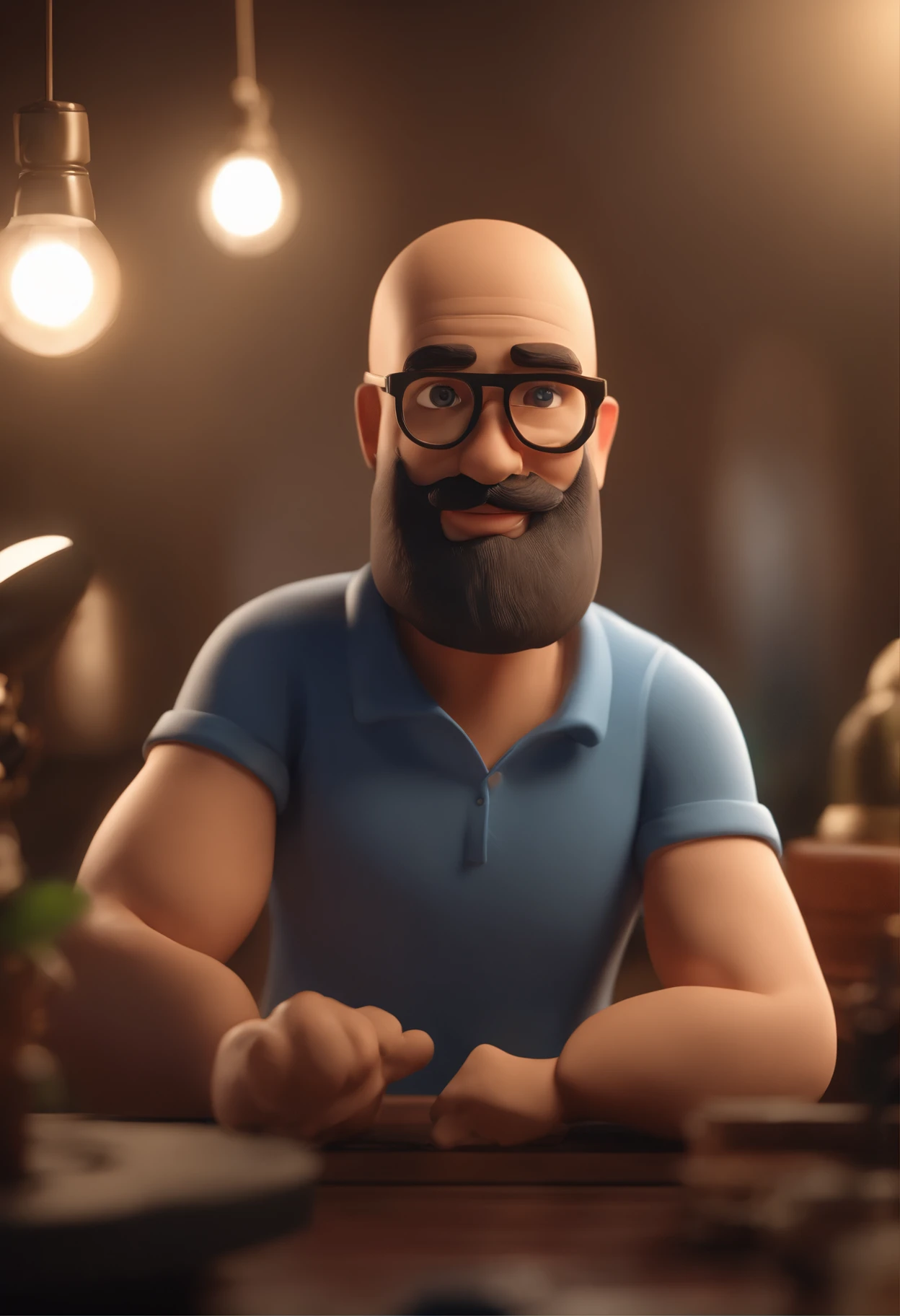 Personagem de desenho animado de um homem dj, gordinho, Bald man with beard with prescription glasses and a blue t-shirt, caixas de som, animation character, Caractere estilizado, animation style rendering, 3D estilizado, Arnold Maya render, 3 d render stylized, toon render keyshot, Personagem 3D, Personagem 3D, 3d rendering stylized, 3 d character render, personagem de desenho animado, Personagem de close up, Pose de personagem, (Estilo Pixar) (master part:1.2) (Bokeh) (melhor qualidade) (pele detalhada) (textura detalhada) (8k) (argila) (Cinematic lighting) (foco nítido