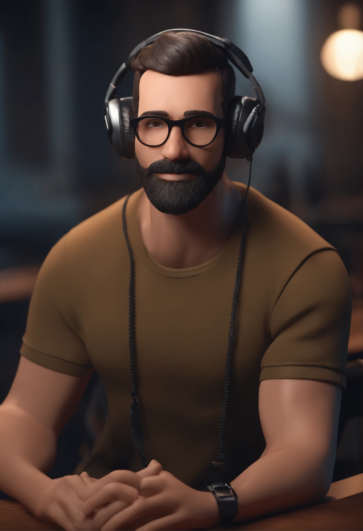 Personagem de desenho animado de um homem dj, gordinho, Bald man with beard with prescription glasses and a blue t-shirt, caixas de som, animation character, Caractere estilizado, animation style rendering, 3D estilizado, Arnold Maya render, 3 d render stylized, toon render keyshot, Personagem 3D, Personagem 3D, 3d rendering stylized, 3 d character render, personagem de desenho animado, Personagem de close up, Pose de personagem, (Estilo Pixar) (master part:1.2) (Bokeh) (melhor qualidade) (pele detalhada) (textura detalhada) (8k) (argila) (Cinematic lighting) (foco nítido