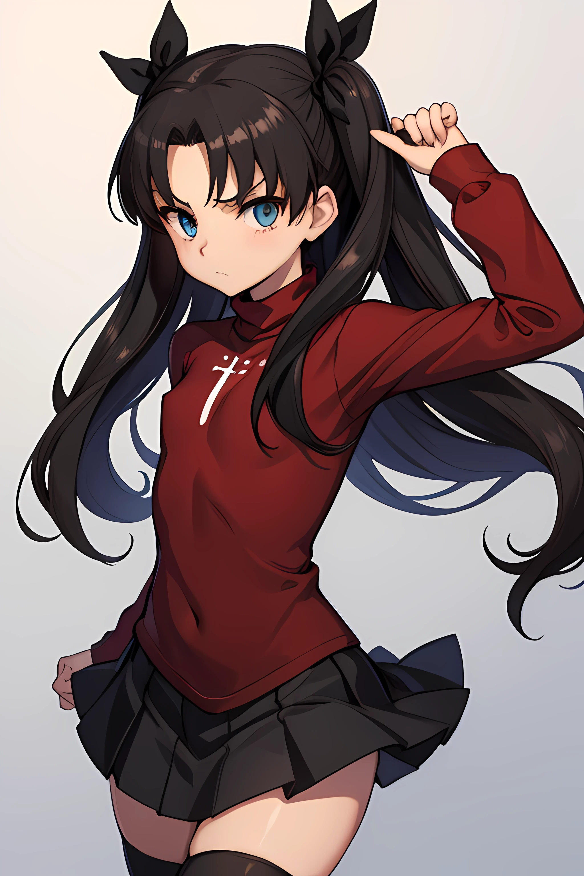 1girl, cute, ((, flat chested, cute, loli, petite)), rintohsaka, rin tohsaka, aqua eyes, black hair, hair ribbon, long hair, ribbon, sidelocks, two side up, black skirt, black thighhighs, long sleeves, miniskirt, pleated skirt, ((red sweater)), skirt, sweater, thighhighs, turtleneck, looking at viewer, portrait,