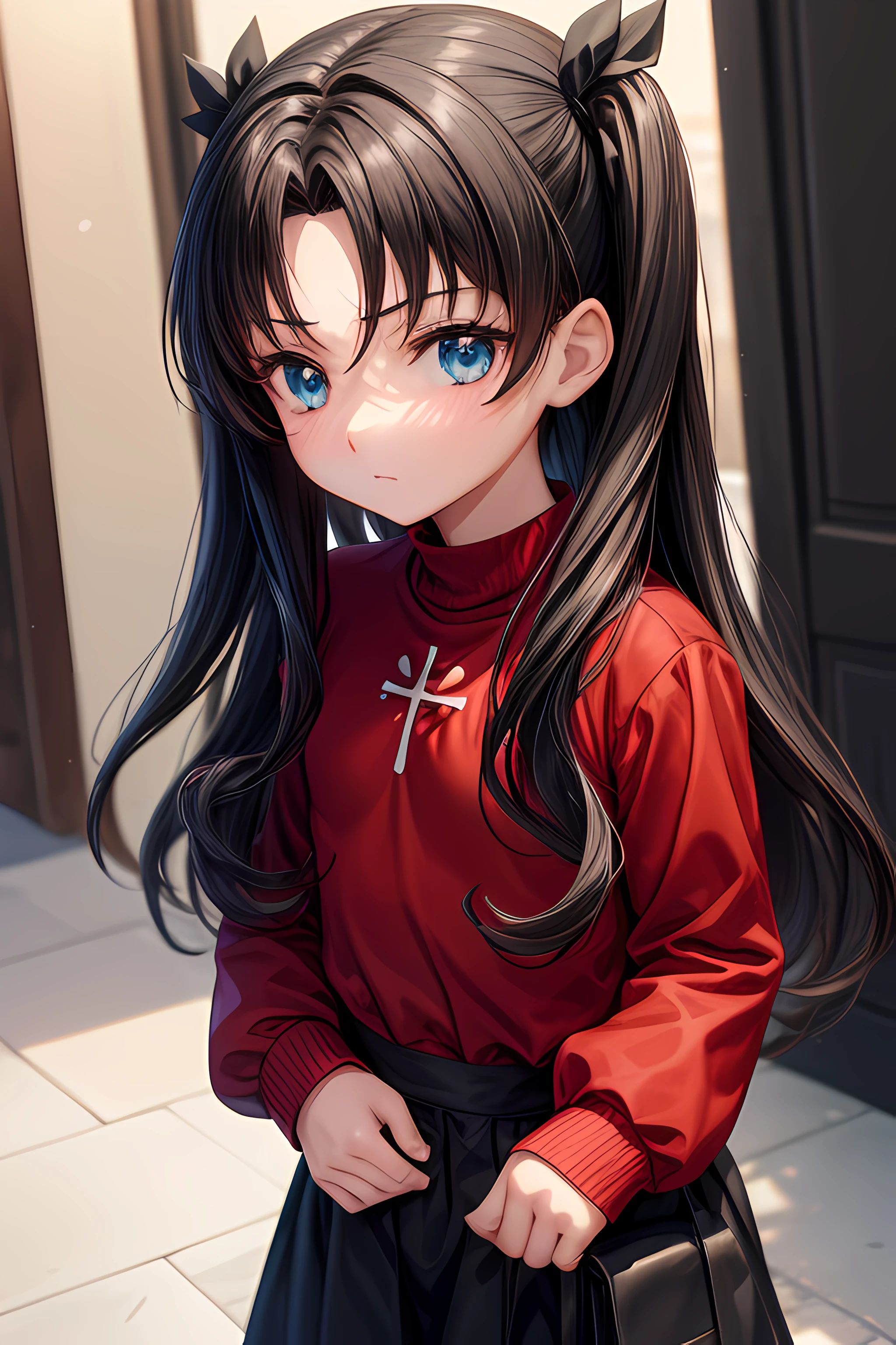 1girl, Lindo, ((kids, pecho plano, Lindo, loli, little guy)), Rintohsaka, Tohsaka also., aqua eyes, cabello negro, cinta para el cabello, Cabello largo, cinta, bloqueos laterales, Dos lados hacia arriba, falda negra, muslos negros, mangas largas, minifalda, falda plisada, ((Red sweater)), falda, pullover, muslosaltos, Cuello, Mirando al espectador, retrato,