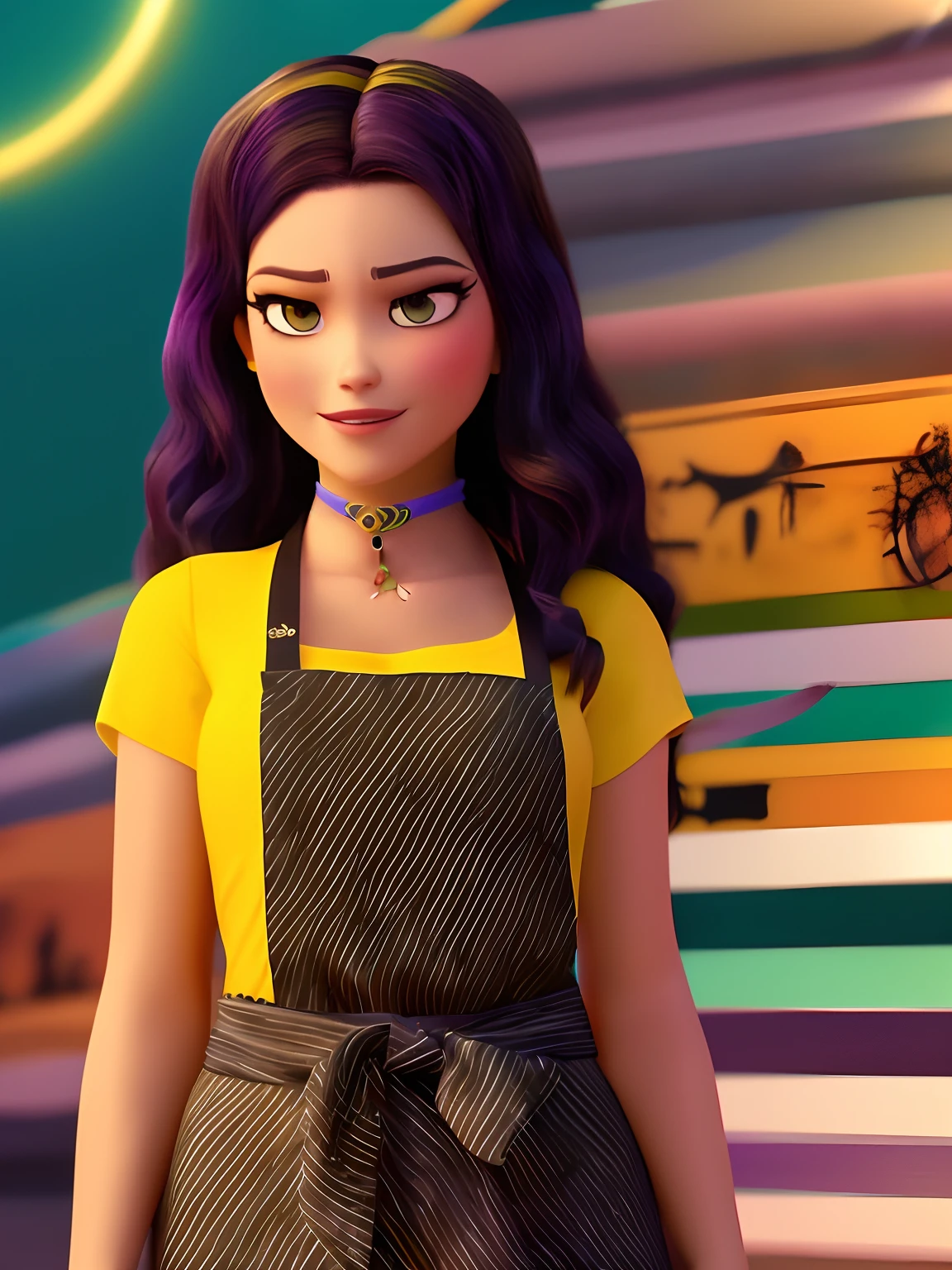 Pixarstyle: A waist-length portrait of a young indigenous woman in a yellow shirt with a black manicure apron, sorriso, Dark wavy hair and loose logos down to the waist, prateleira de esmaltes, textura natural da pele, texturas 4k, hdr, intrincado, altamente detalhado, foco nítido, cinematic visual, hiperdetalhado