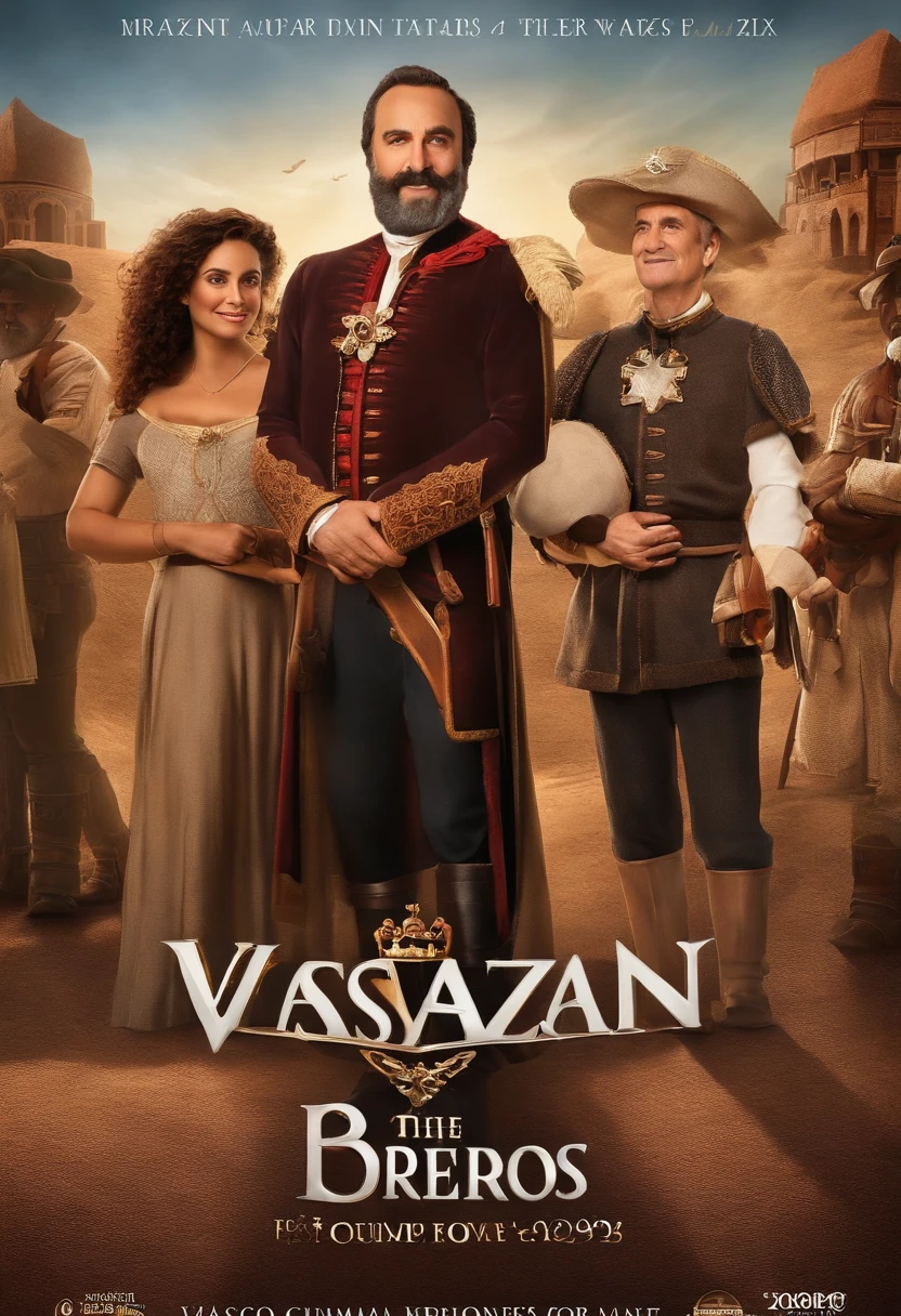 filme Marketing 2023 estilo filmes Pixar, Com nome "VASCO DA GAMA", poster, Com cabelos curtos morenos mais claros e uma camiseta PRETA com uma faixa diagonal branca e uma ◤✠◢ de maktana frente dos braços cruzados.