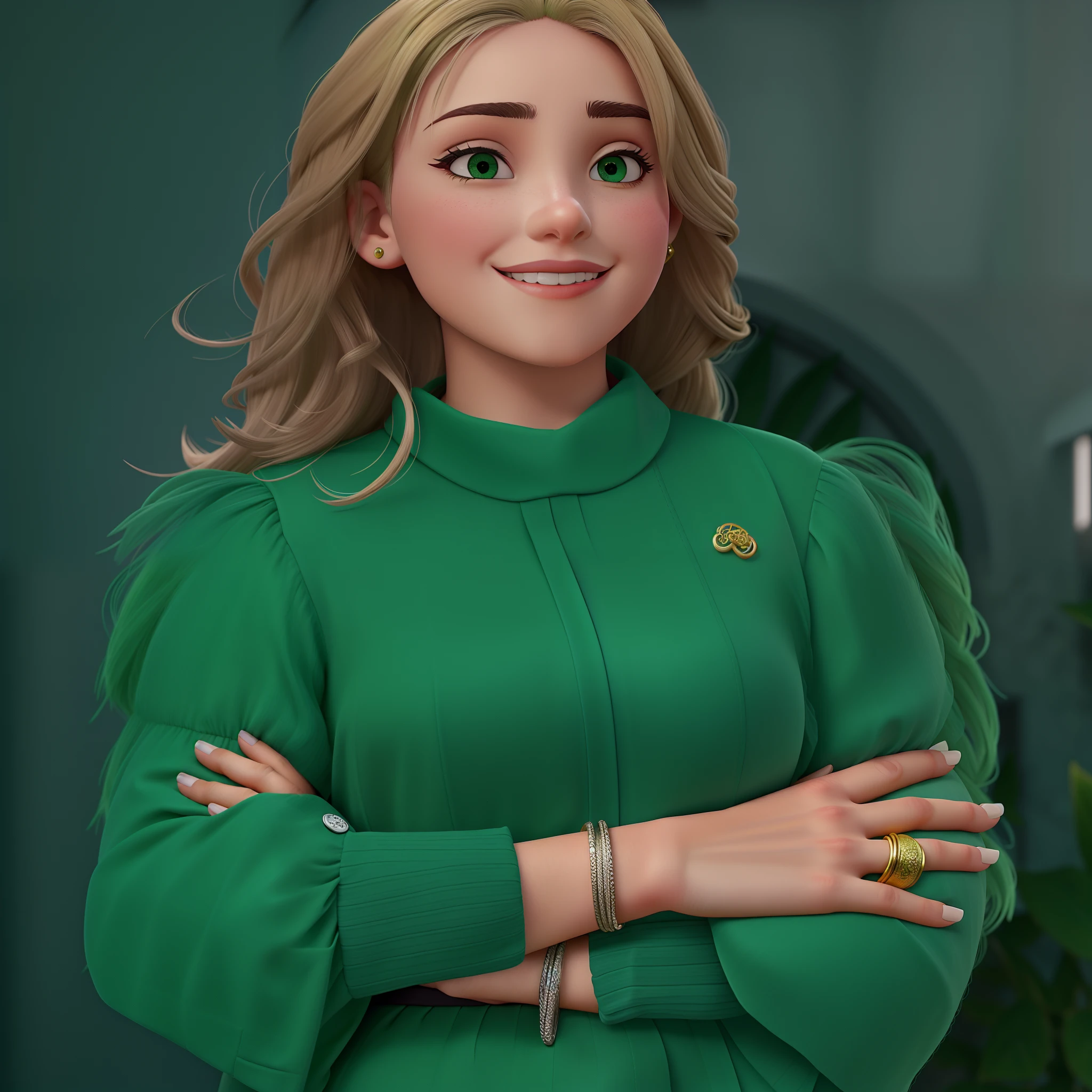 Mulher branca, cabelo loiro, olhos verdes e executiva
