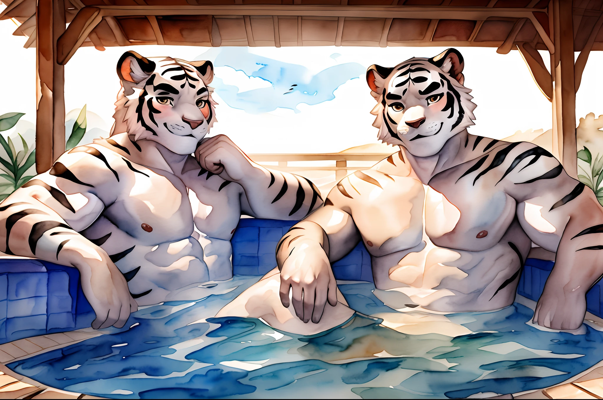 Hominidae, Pose for Camera. 4K, high resolution, Best quality, posted on e621, (Two anthropomorphic white tigers:1.2), Anthropomorphic white tiger, Two, male people, 20yr old, Thick eyebrows, Light blue stripes, Strong body, large pecs, ((Shirtless)), They are next to each other, Soak in the hot springs together, medium bulge, Pink milk clusters, Recline in natural hot springs, Partially submerged, spread thighs, stretched action, (sport, Muscular, Heavyweight:1.2), Correct anatomy, (White background, Watercolor background:1.1), (by Chunie, author:Taran Fidler:0.8), (Detailed eyes:1.2), Sexy, (cel-shaded:1.2), cartoon shading, (aquarelle:1.2), Smile, Be red in the face, (view the viewer:1.2), Bright eyes, Front view