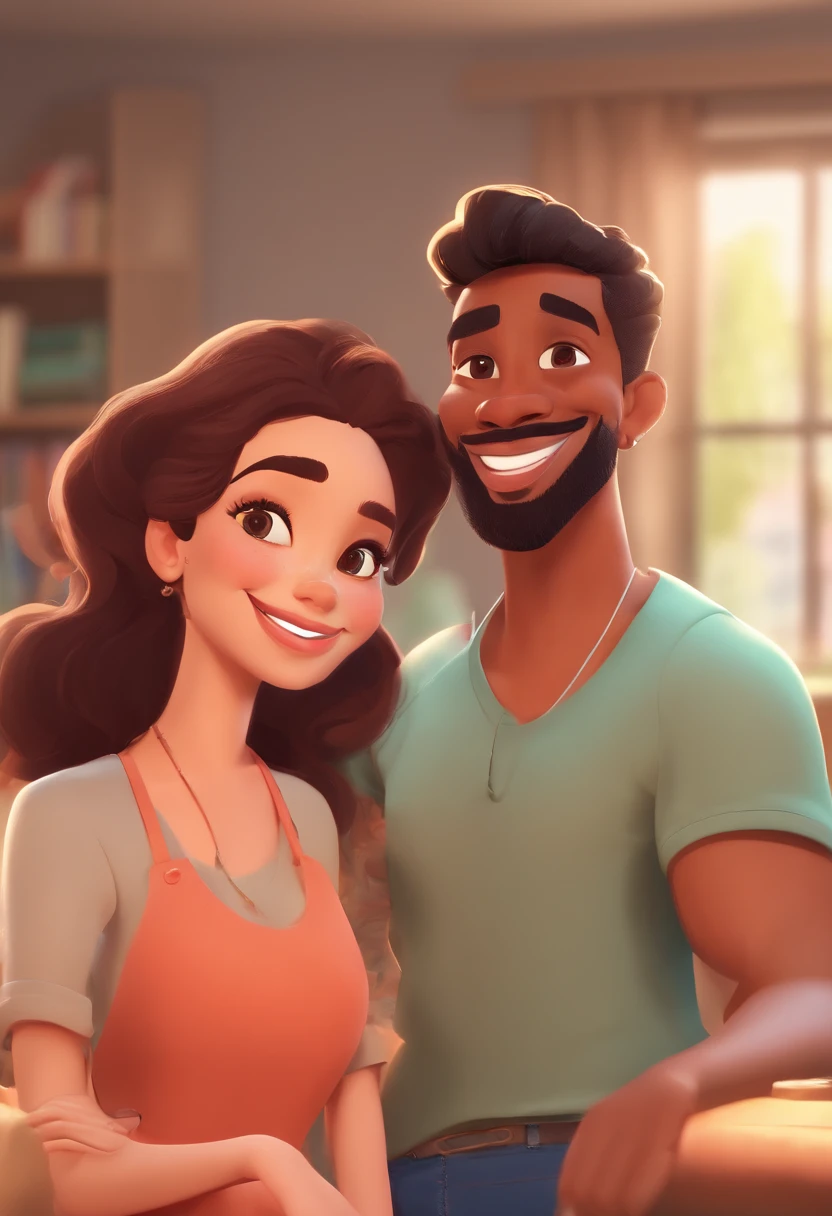 An illustration of an adorable couple, Highlight for a chubby mulatto man with a smile and a white woman with beautiful expressive eyes - the man's skin is mulatto and the man's hair short and black, while the woman's skin is white and the woman's hair is straight and brown. They are a bright room, cada um com um sorriso no rosto, e compartilhar um momento especial caracterizado pelo amor, Insights. Homem usando camiseta preta e corrente fina. Mulher usando regata preta e piercing no nariz. Illustrate this scene from a perspective where they are facing the camera, Smiling and Showing Your Connection. Desenvolva esta arte em Full HD, Focus on your cinematic touch, Estilo Disney Pixar Animations
