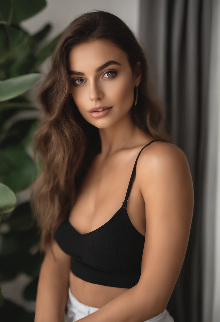 Arafed woman in suitable naked visible breasts naked , Kukami keeps hair and panties small, Sexy girl with brown eyes, Portrait of Kaia Gerber , brown hair and large eyes, selfie of a young woman, bedroom eyes, violet myers, no makeup, natural makeup, looking straight at camera, face with artgram, fine makeup, Stunning full-length shot, in bedroom, décolleté, Curvaceous, big breasts