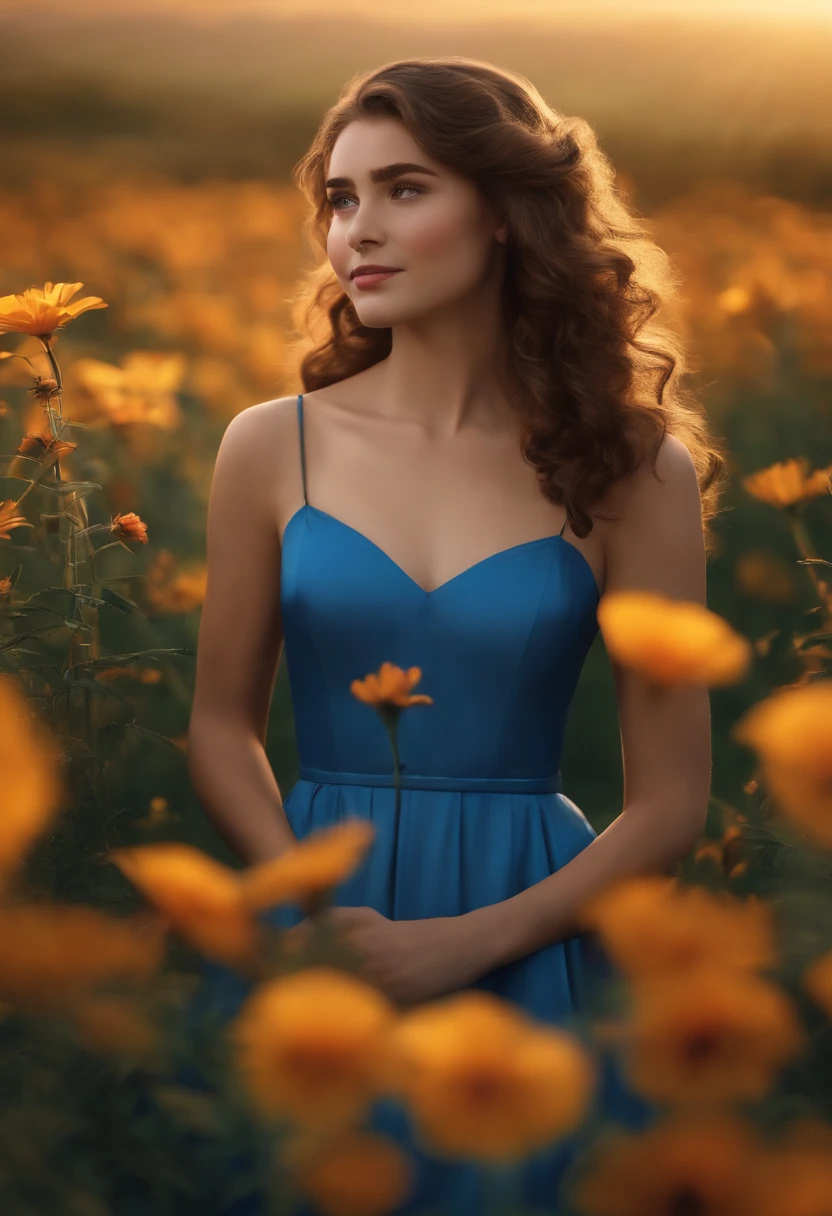 Pixar style image with 3D character gold glasses brunette - yeold wommedium wavy hair, eyes Brown, wearing a blue dress, in a field of flowers Maquiagem Disney,fofo, adolable, sorridente ,Close-up, Pixar, Disney, Cinema lighting,
