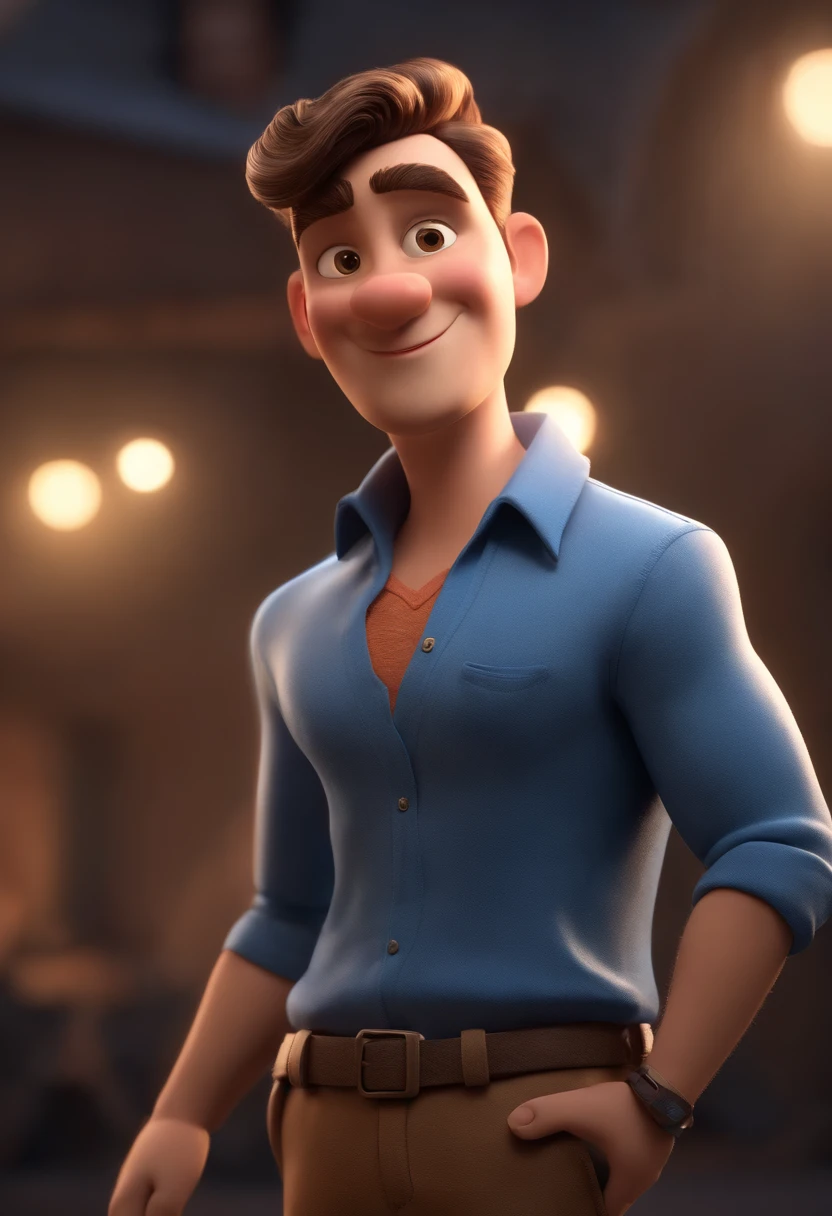 personagem dos desenhos animados de um homem com uma camisa azul, animation character, Caractere estilizado, animation style rendering, 3D estilizado, Arnold Maya render, 3 d render stylized, toon render keyshot, Personagem 3D, Personagem 3D, 3d rendering stylized, 3 d character render, personagem de desenho animado, Personagem de close up, Pose de personagem, (Estilo Pixar) (master part:1.2) (Bokeh) (melhor qualidade) (pele detalhada) (textura detalhada) (8k) (argila) (Cinematic lighting) (foco nítido
